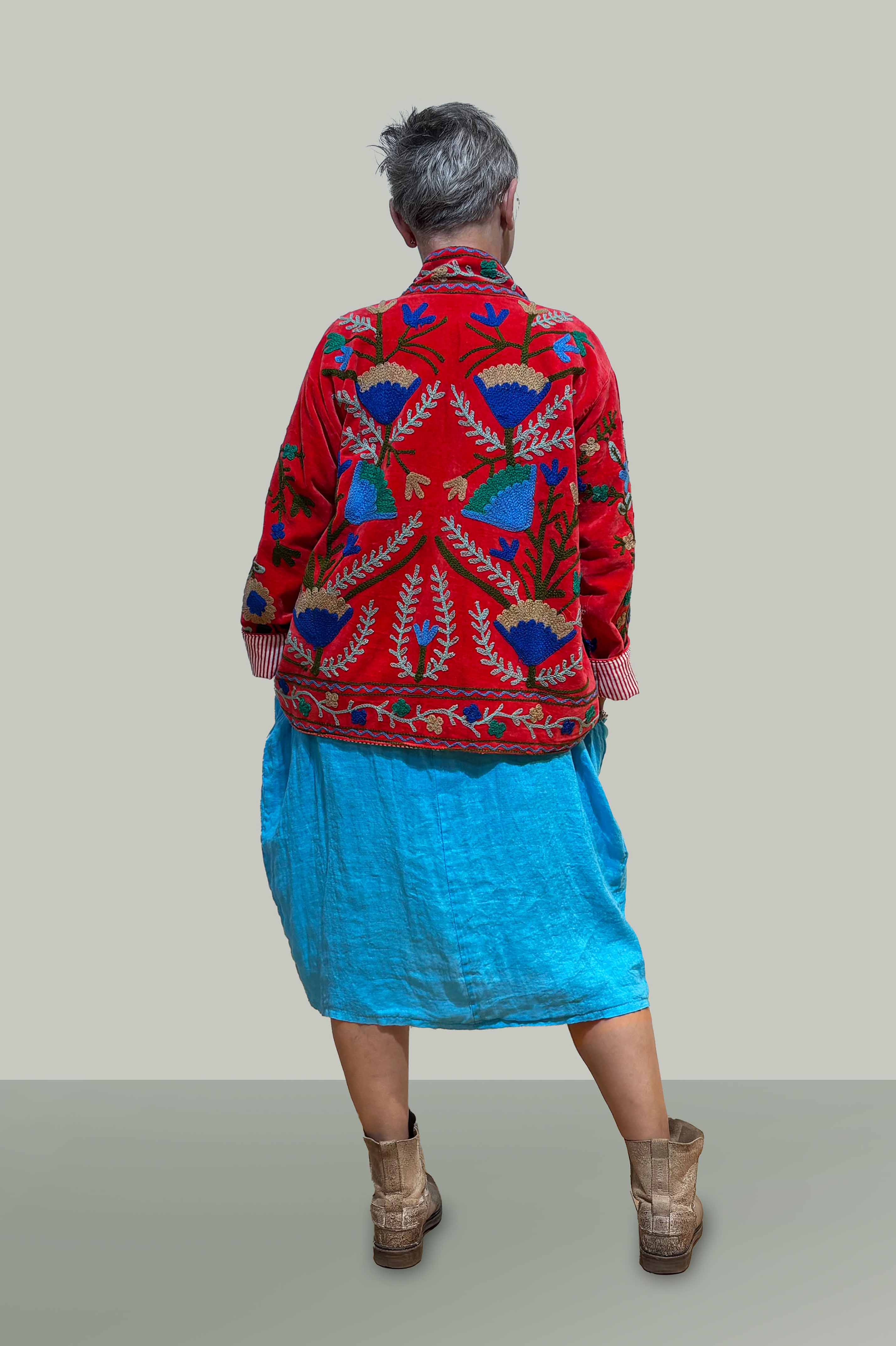 Velvet Suzani Hand Embroidered Jacket - Red