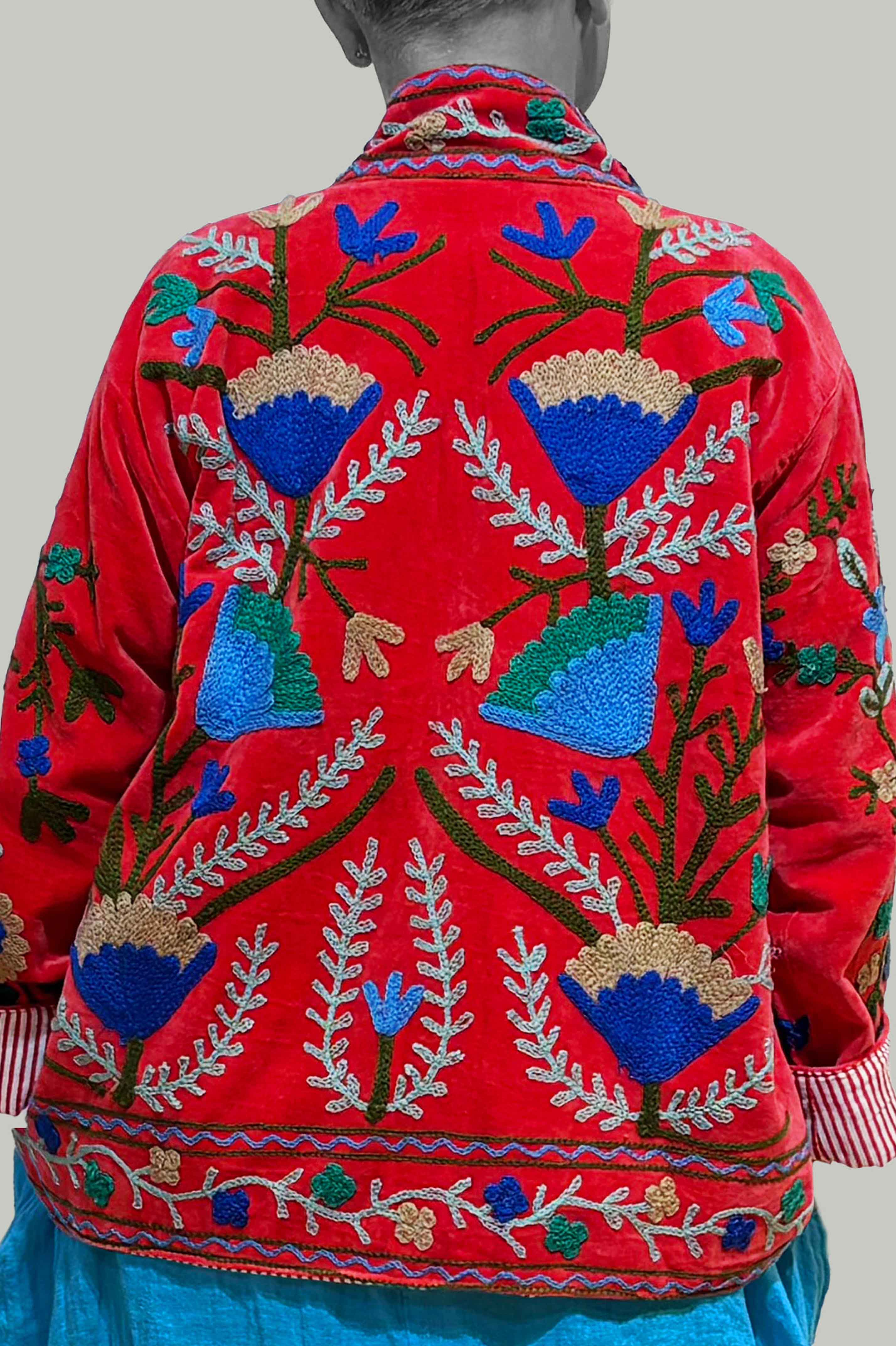 Velvet Suzani Hand Embroidered Jacket - Red
