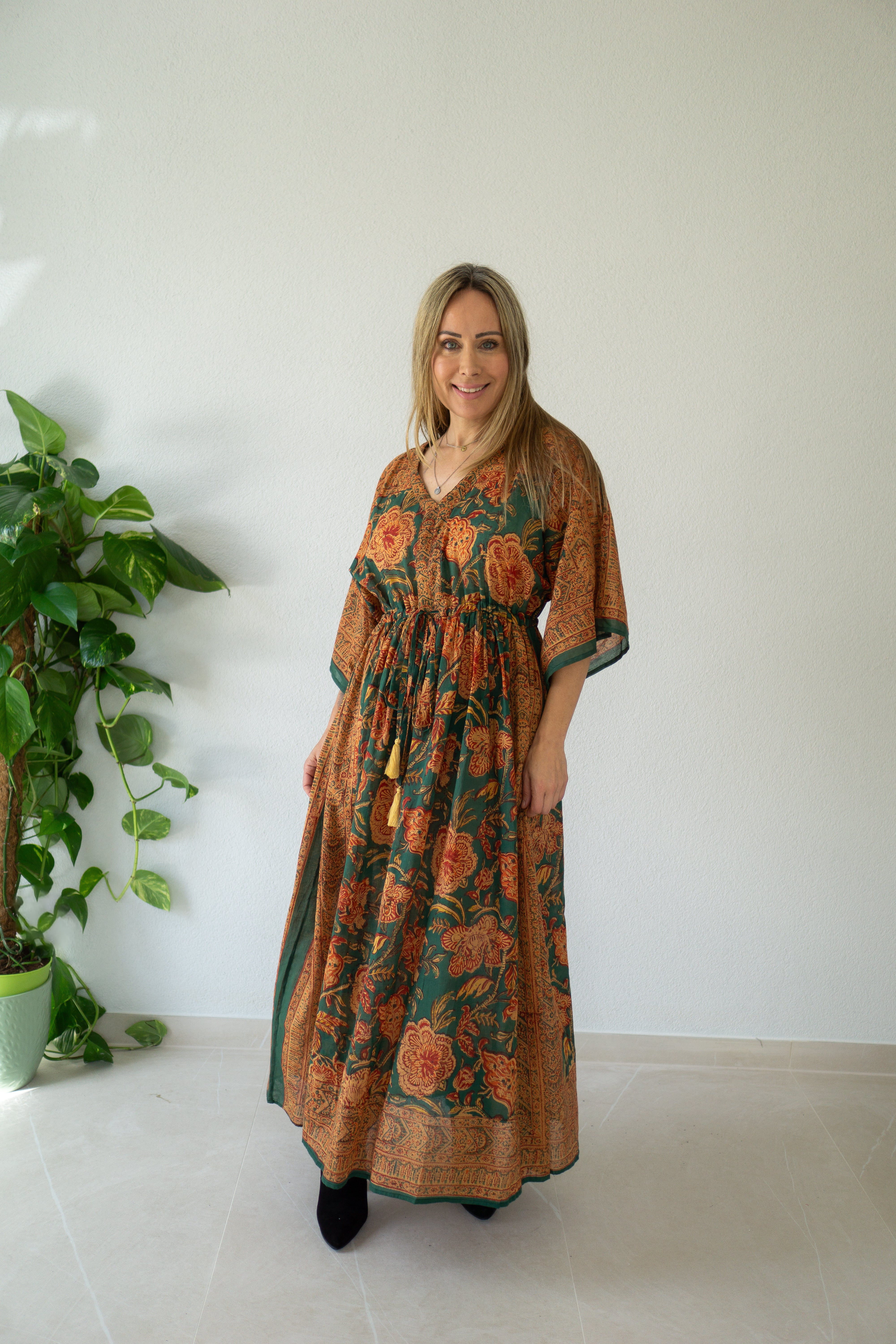 Herbstblüten handbedruckter Kaftan