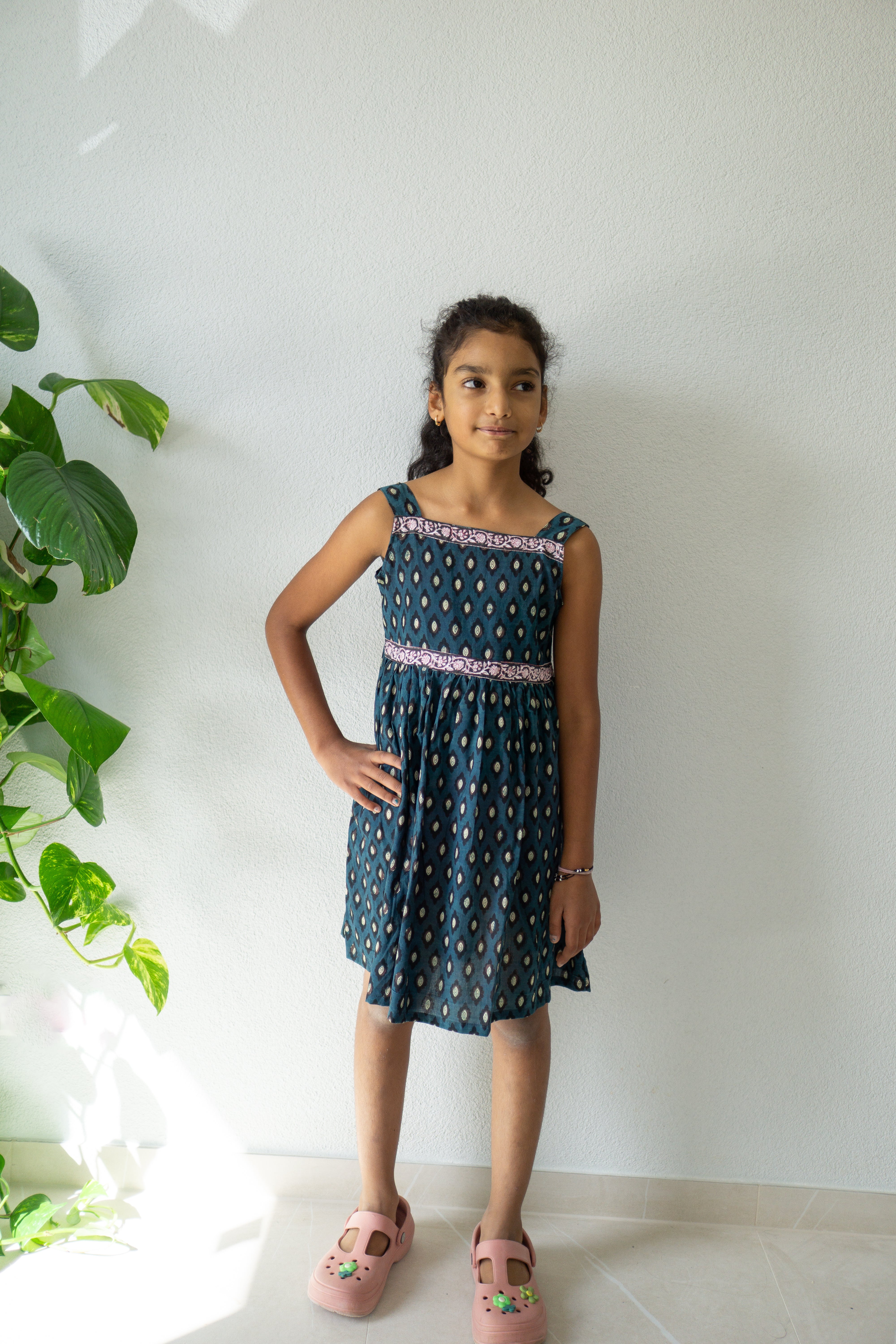 Indigo Ikat Sleeveless Hand Block Printed Dress