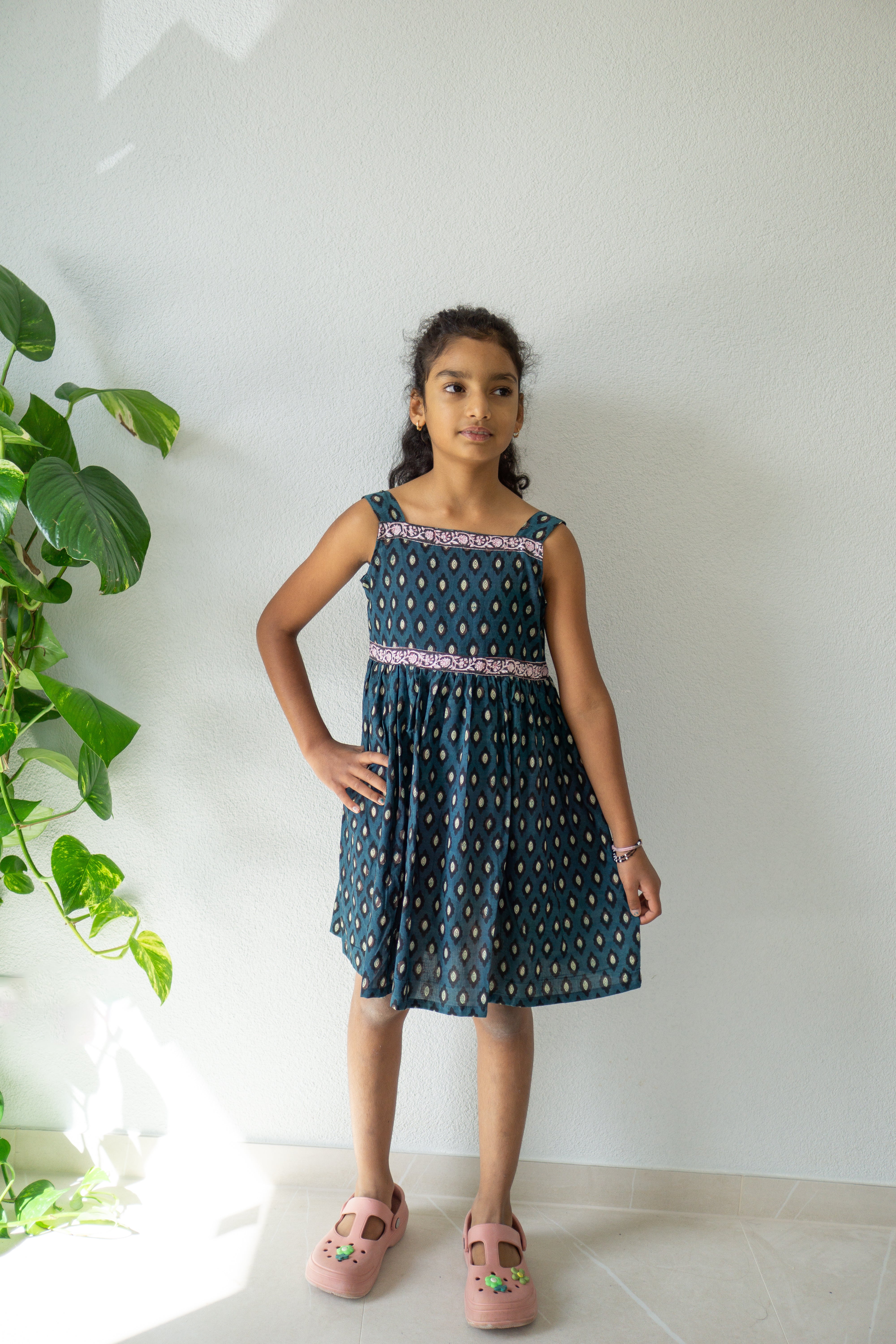 Indigo Ikat Sleeveless Hand Block Printed Dress