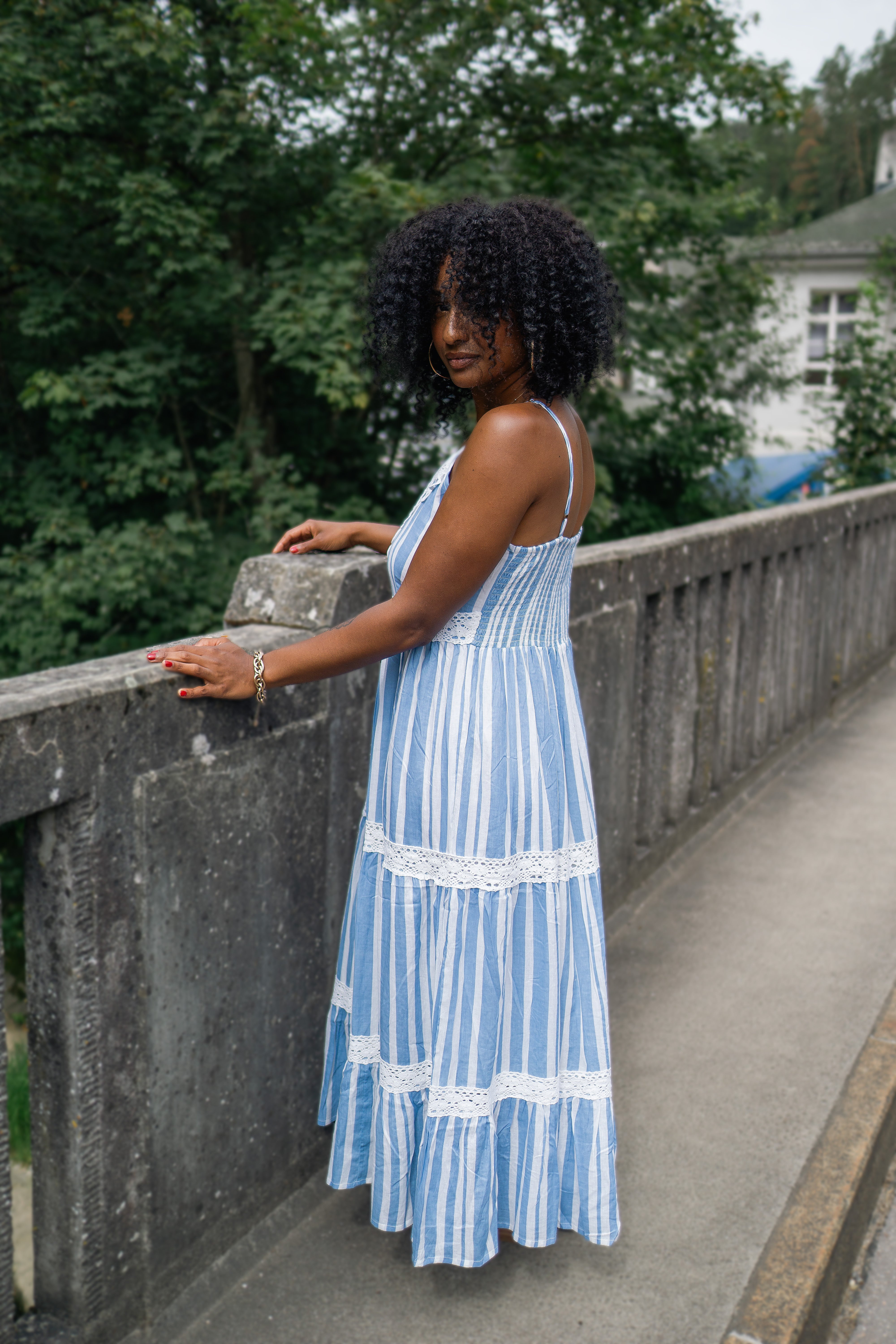 Blue Striped Lace-Detail Maxi Dress