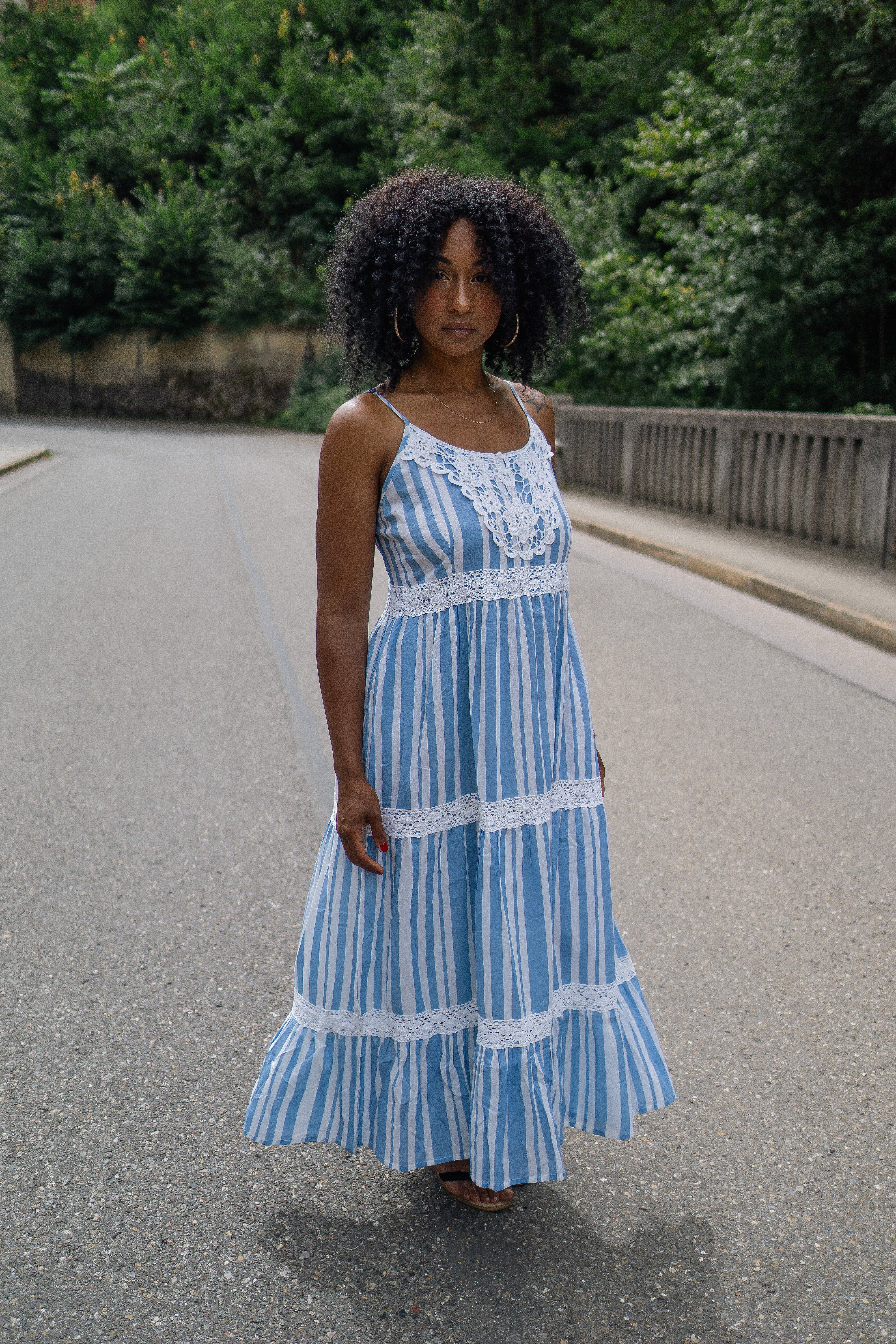 Blue Striped Lace-Detail Maxi Dress