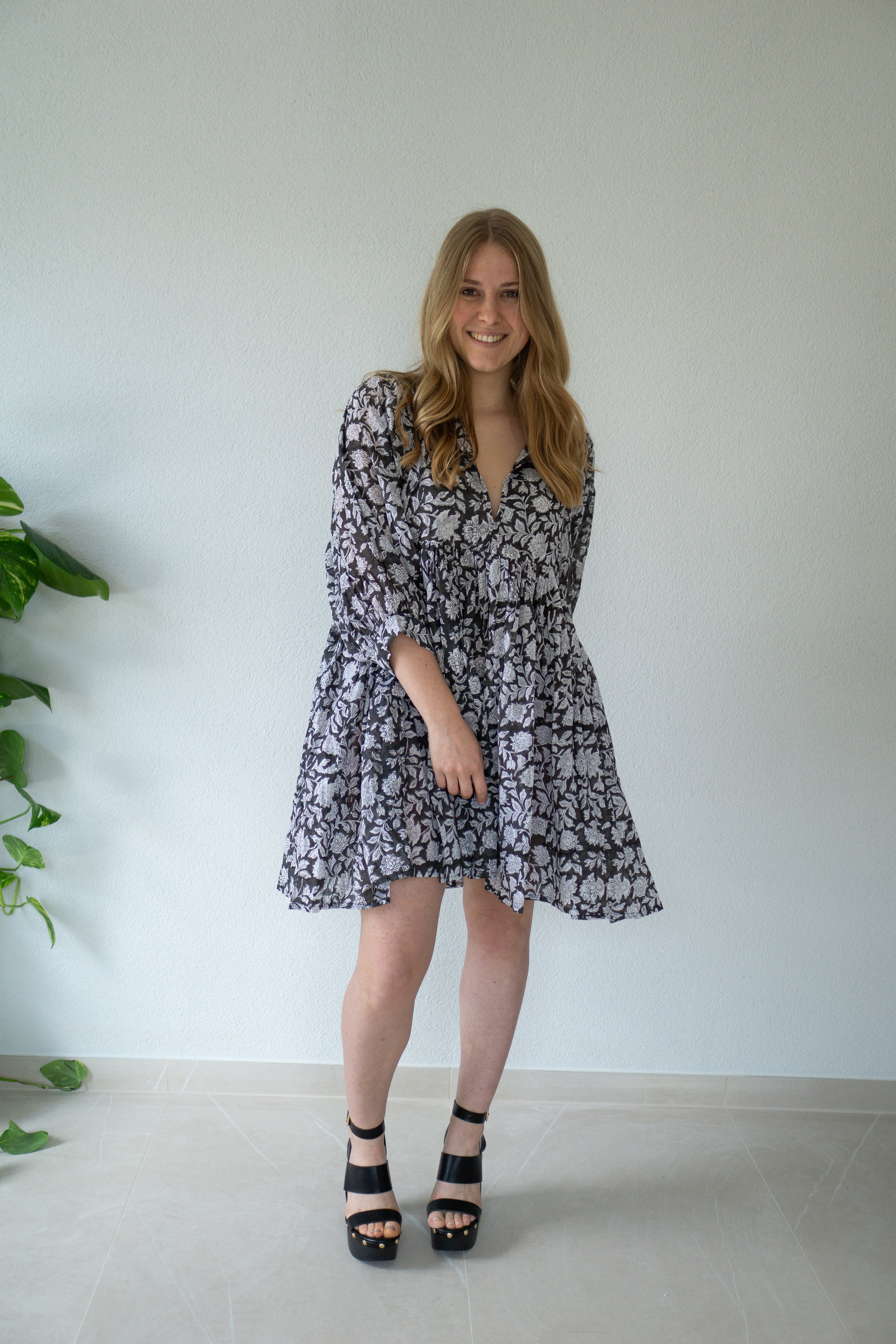Black Rose Floral Hand Block Printed Dress