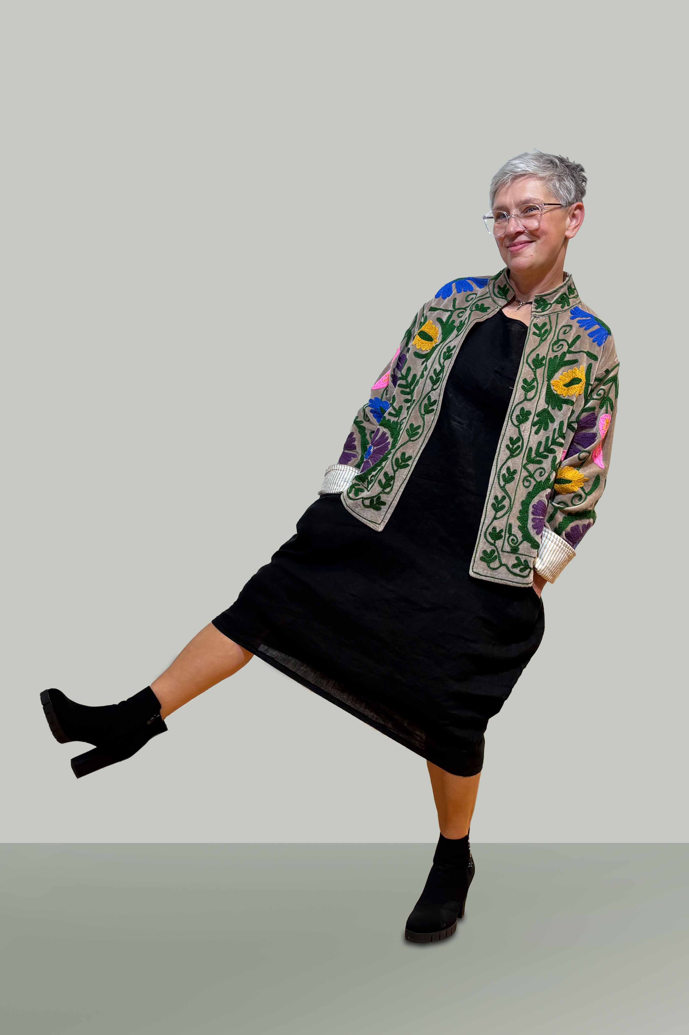 Velvet Suzani Hand Embroidered Jacket - Taupe