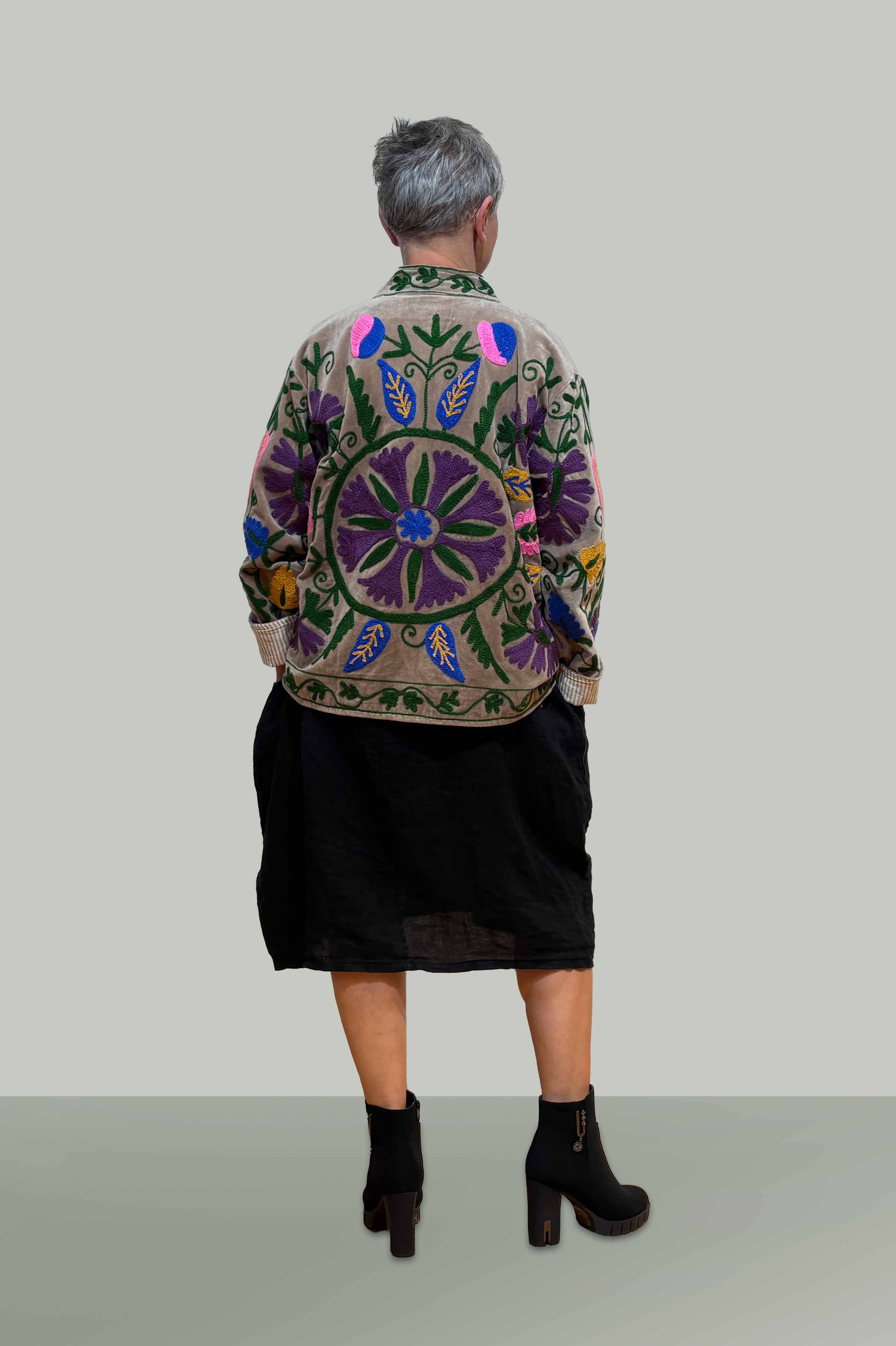 Velvet Suzani Hand Embroidered Jacket - Taupe