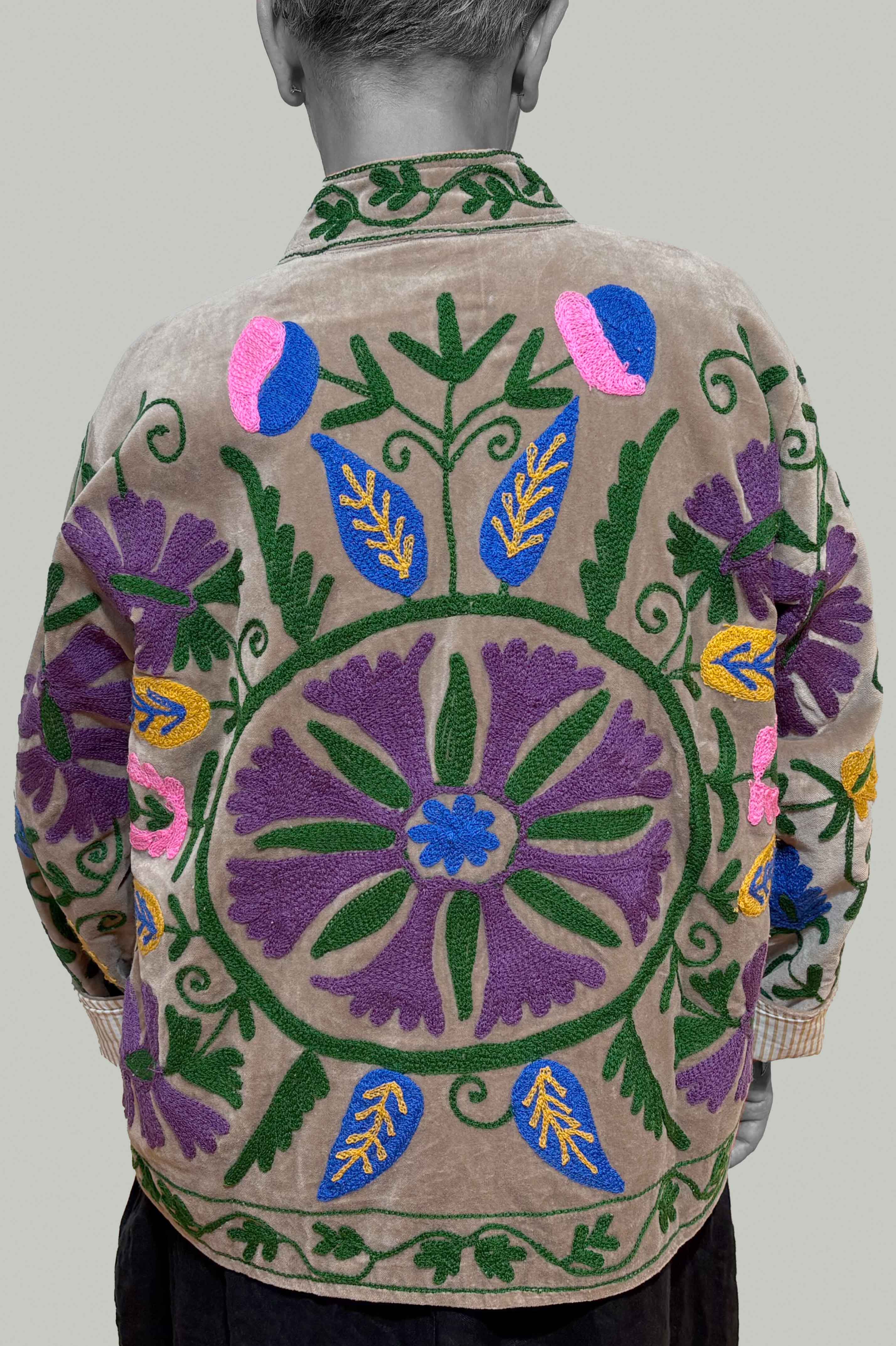 Velvet Suzani Hand Embroidered Jacket - Taupe
