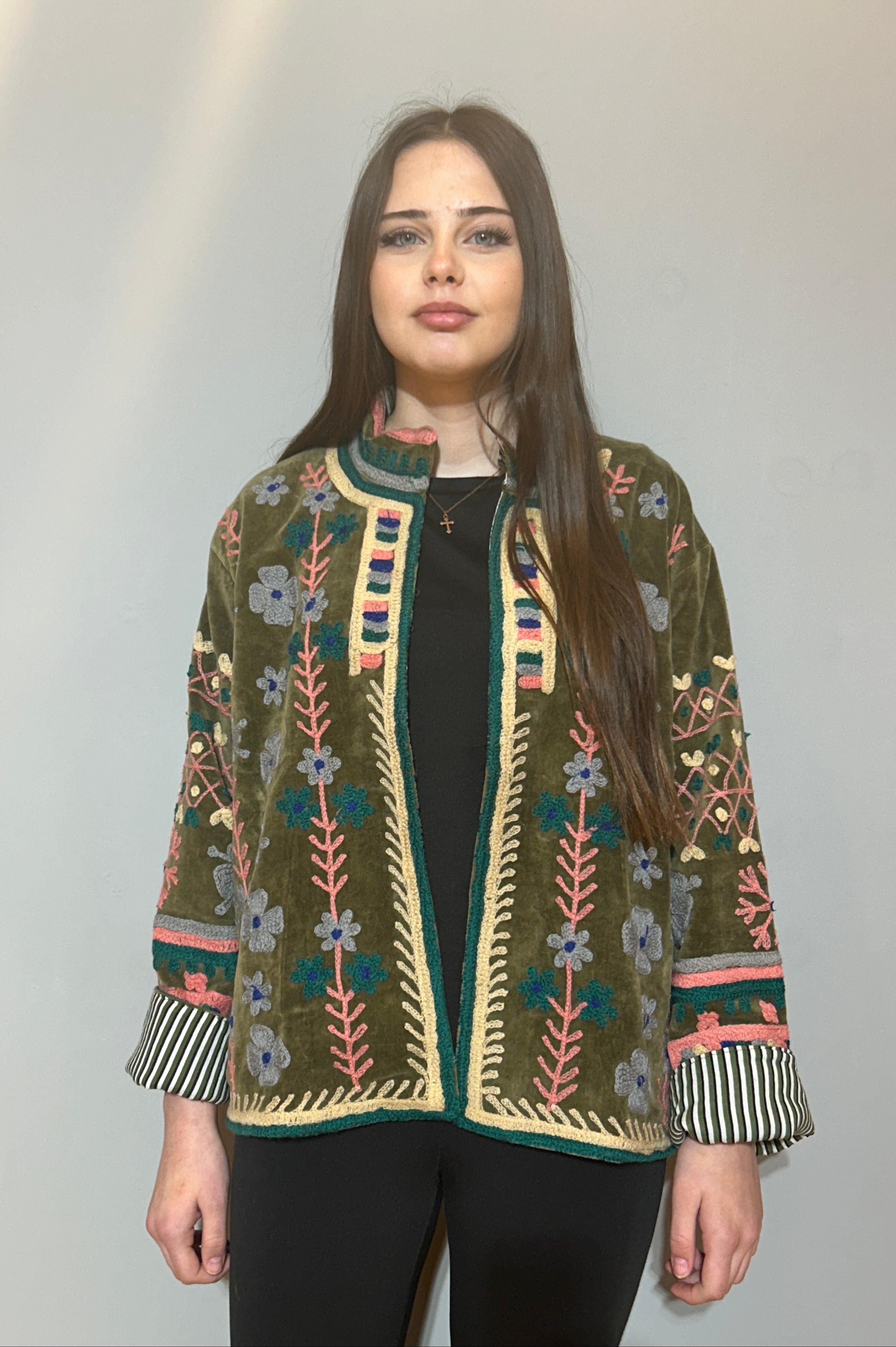 Hand-Embroidered Velvet Suzani Jacket - Olive Green