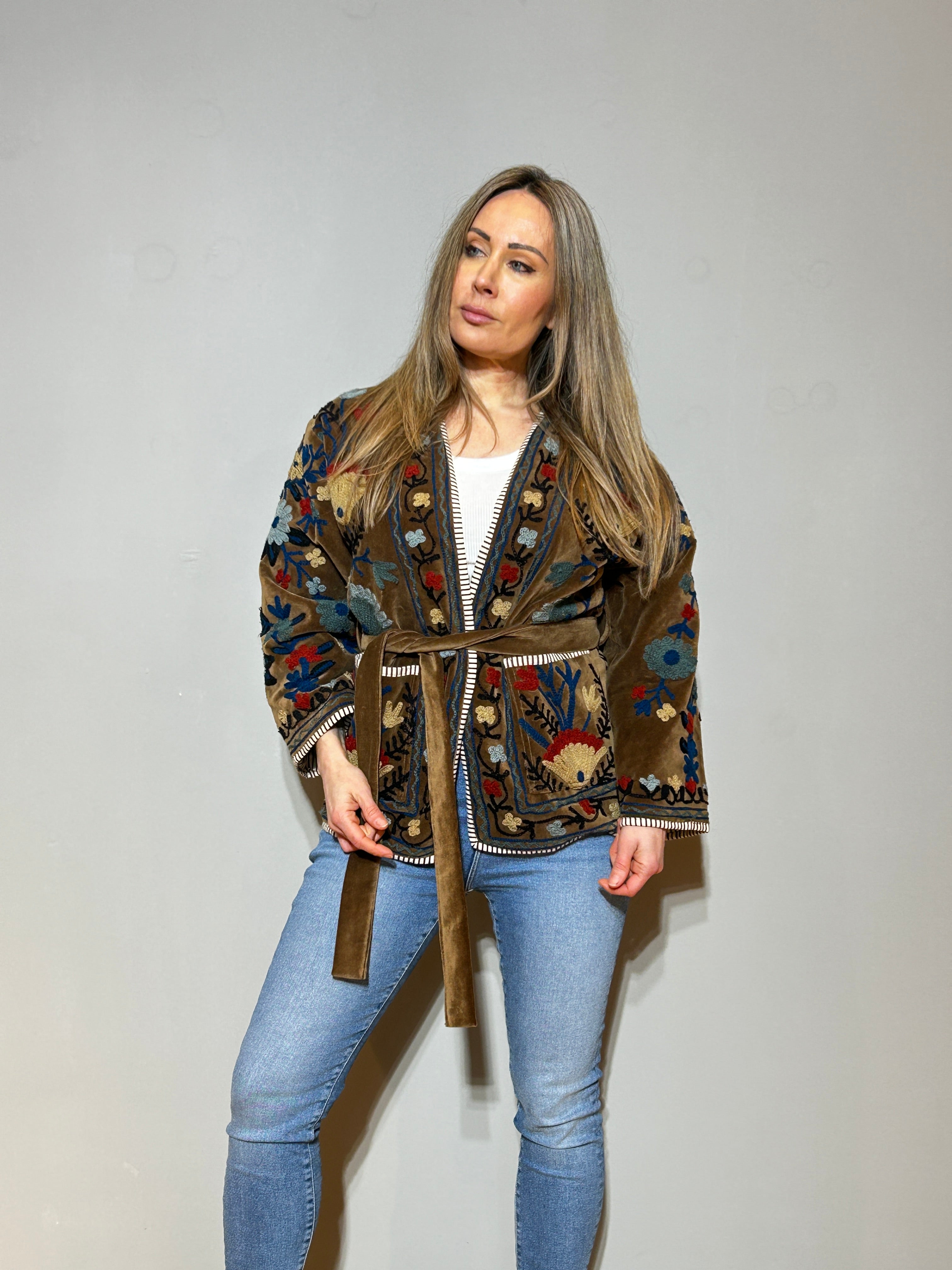 Hand-Embroidered Velvet Suzani Kimono Jacket - Brown