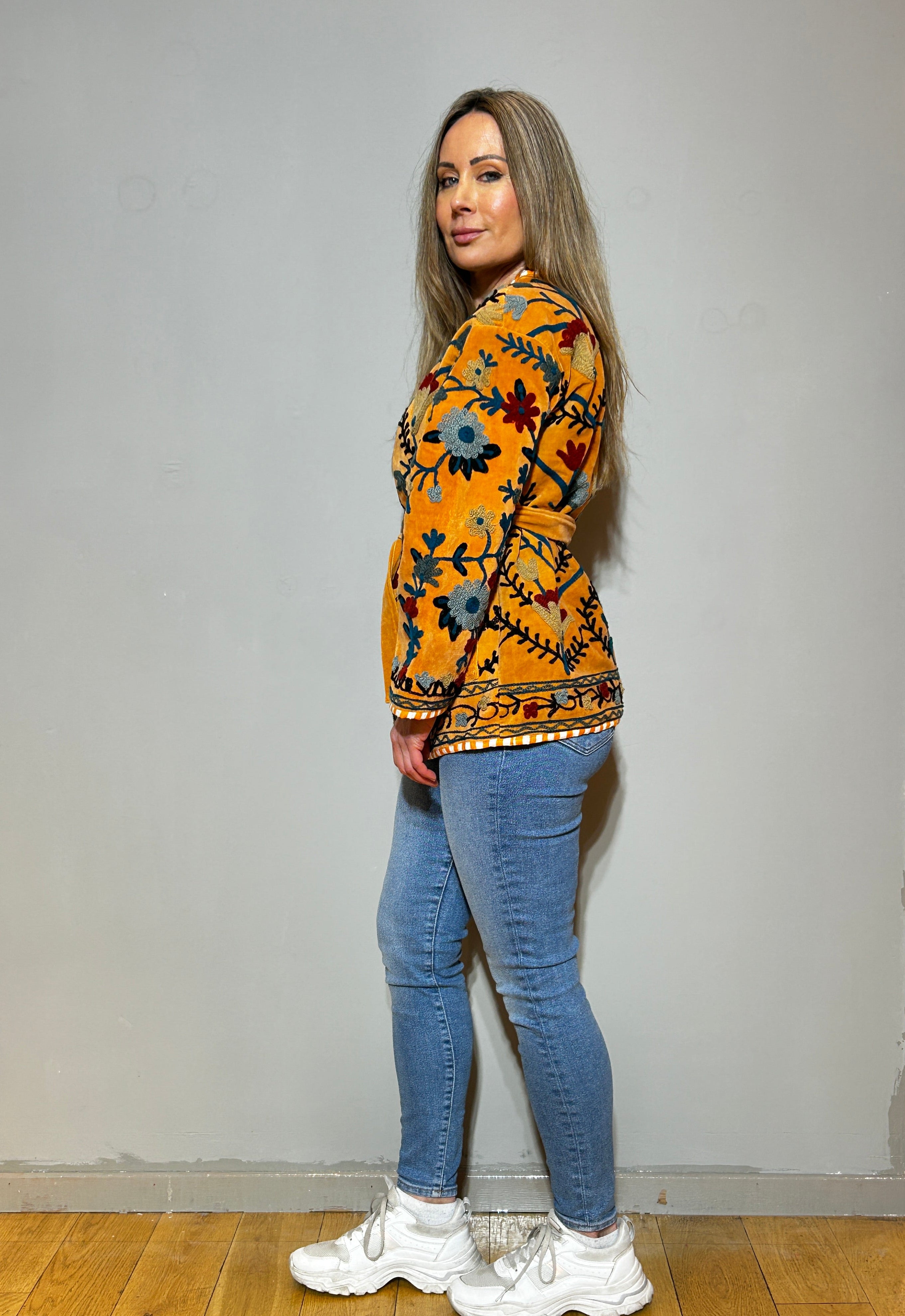 Hand-Embroidered Velvet Suzani Kimono Jacket - Saffron Gold