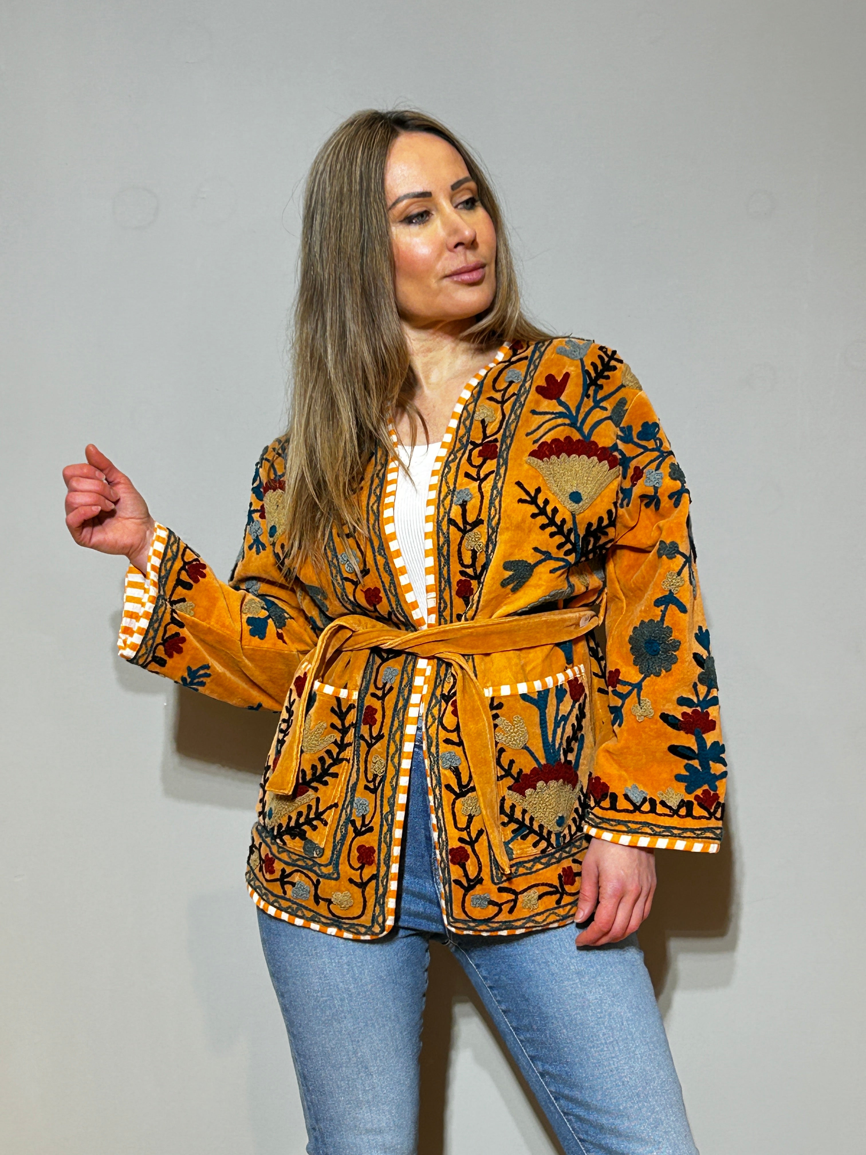 Hand-Embroidered Velvet Suzani Kimono Jacket - Saffron Gold