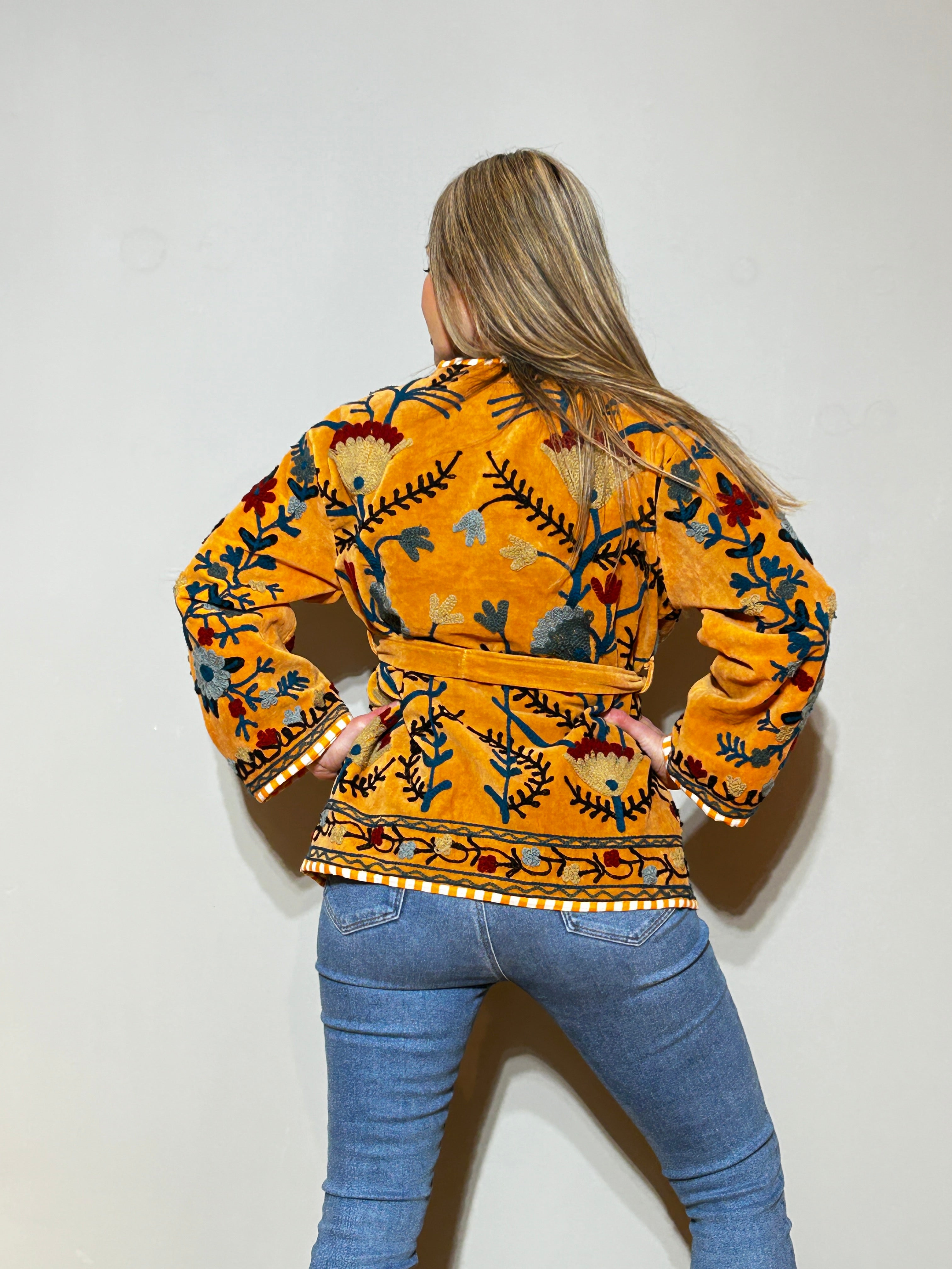 Hand-Embroidered Velvet Suzani Kimono Jacket - Saffron Gold