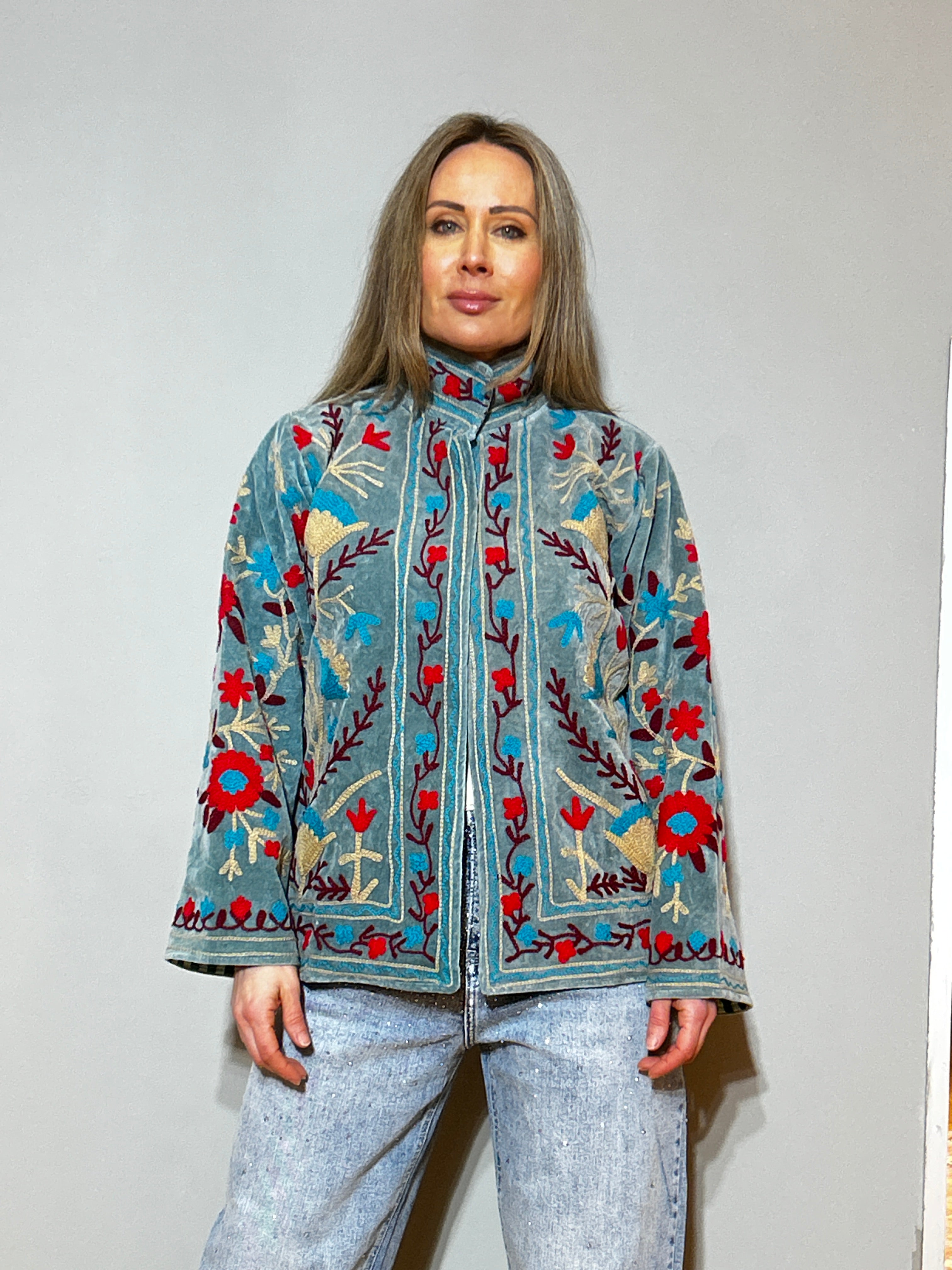 Suzani Hand-Embroidered Velvet Jacket – Sage Blue Poppy