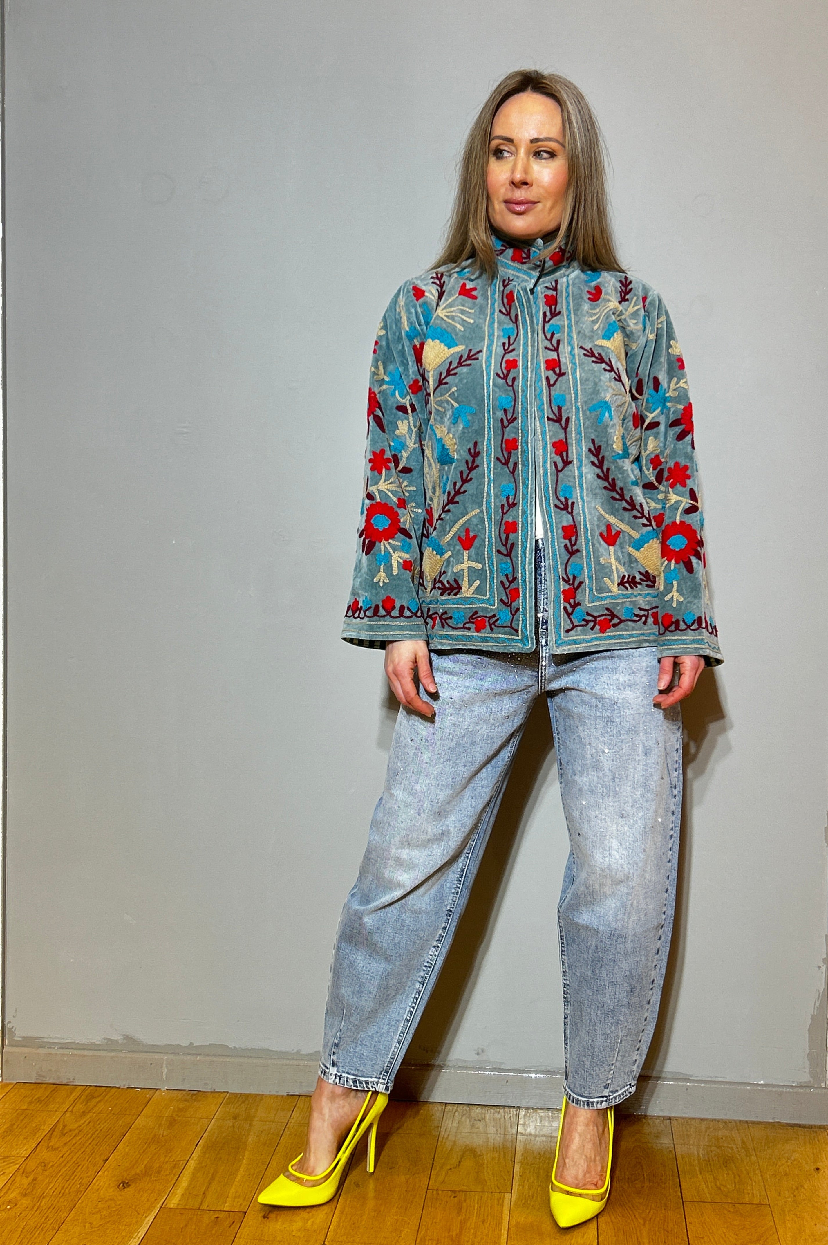 Suzani Hand-Embroidered Velvet Jacket – Sage Blue Poppy