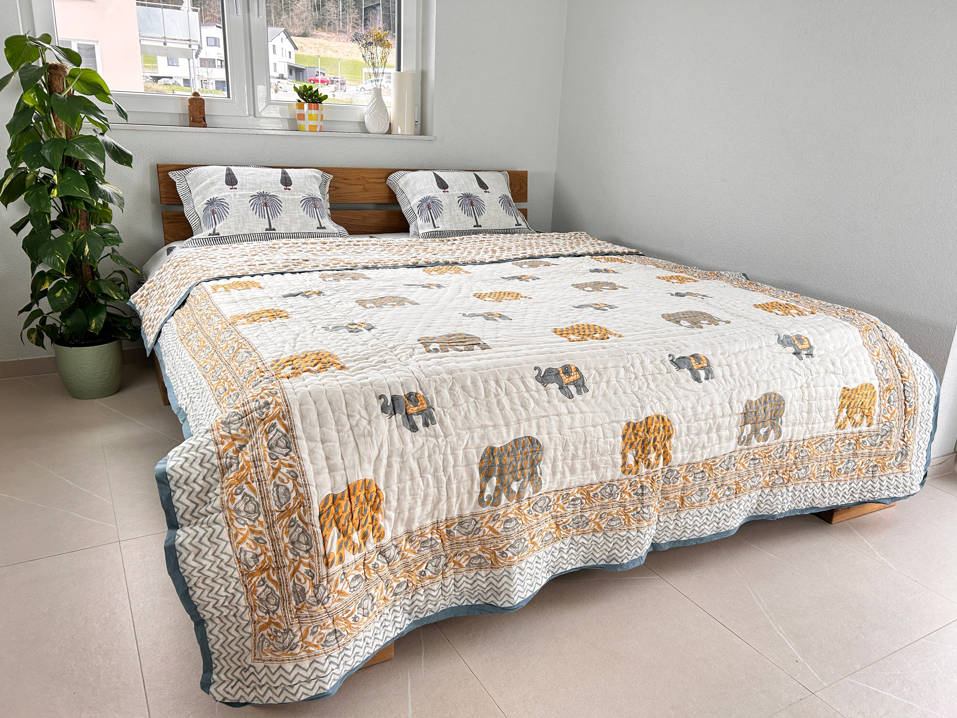 Hand Block Print Reversible Quilt (Double Bed) – Elephant & Palm