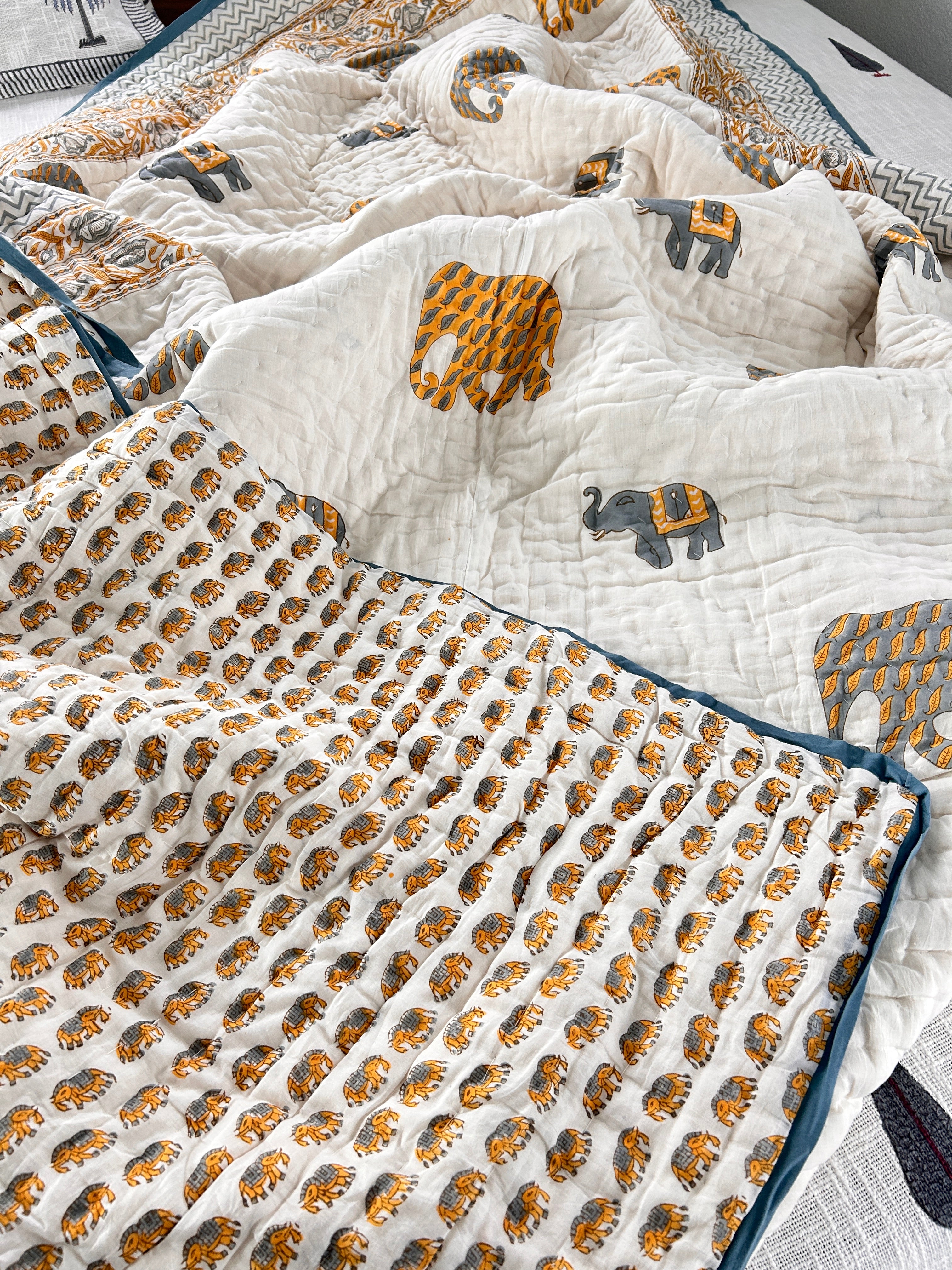 Handblockdruck Wendesteppdecke (Doppelbett) – Elefant & Palme
