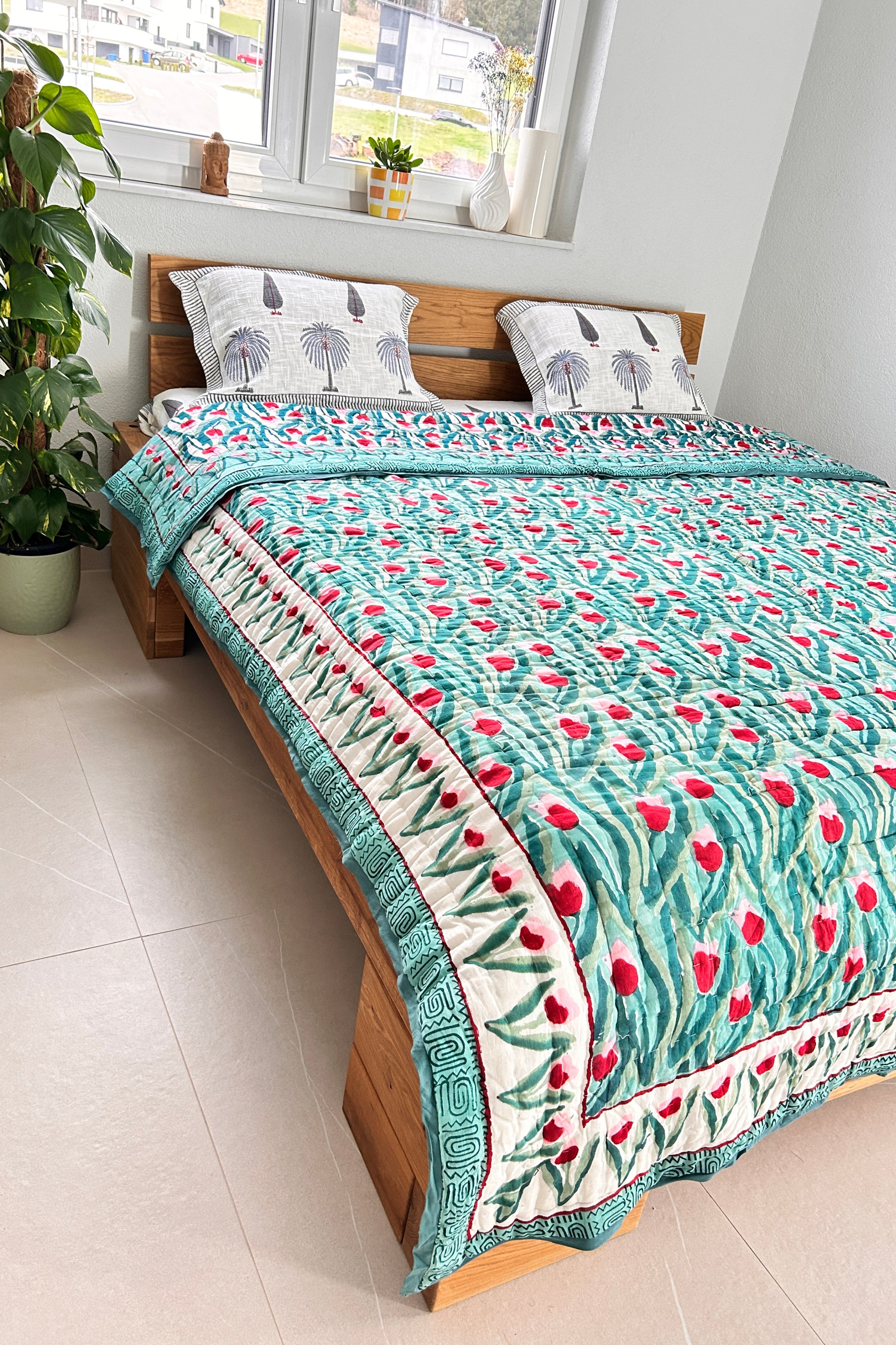 Hand Block Printed Reversible Quilt (Double Bed) – Teal Tulip