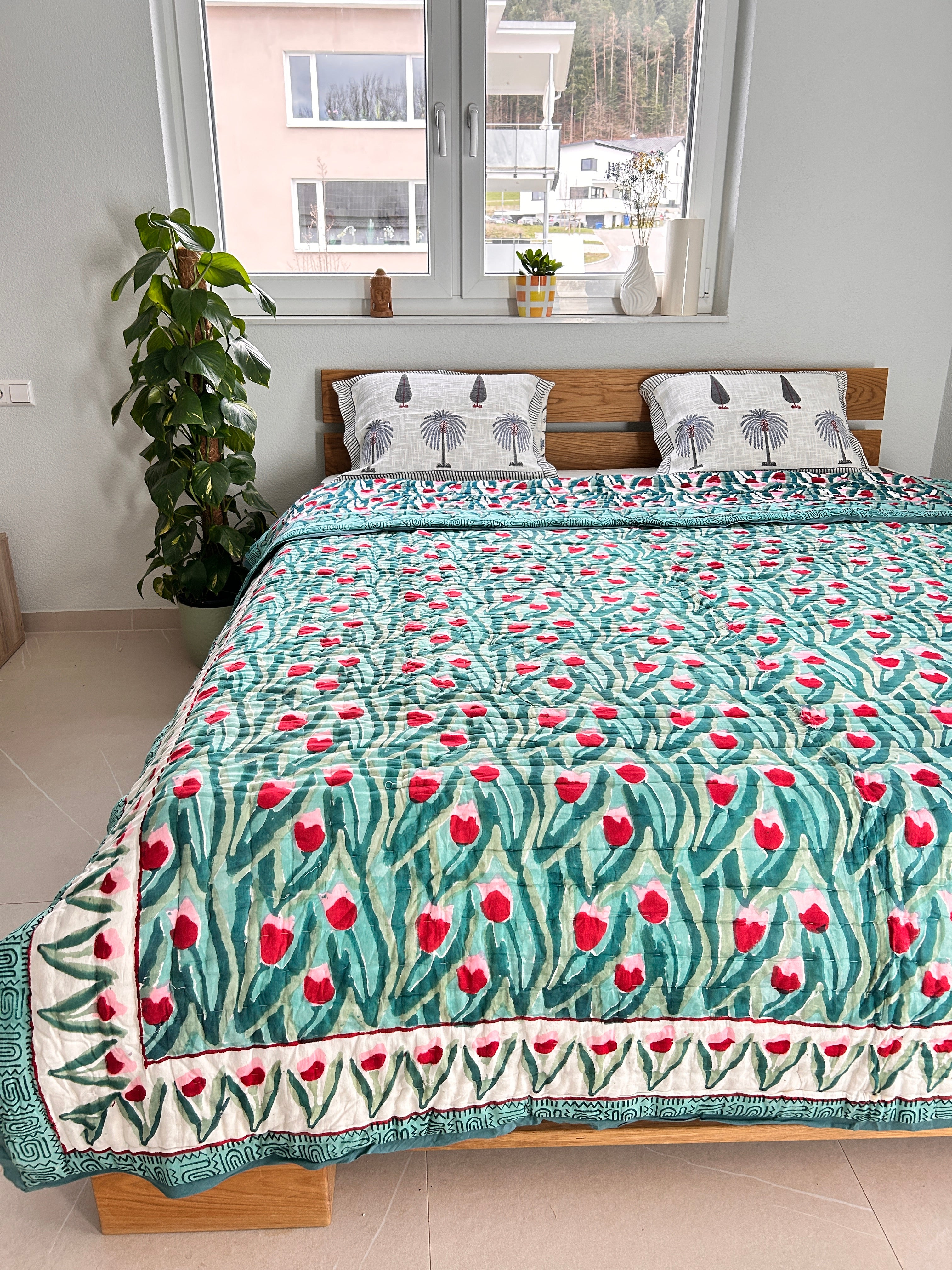 Hand Block Printed Reversible Quilt (Double Bed) – Teal Tulip