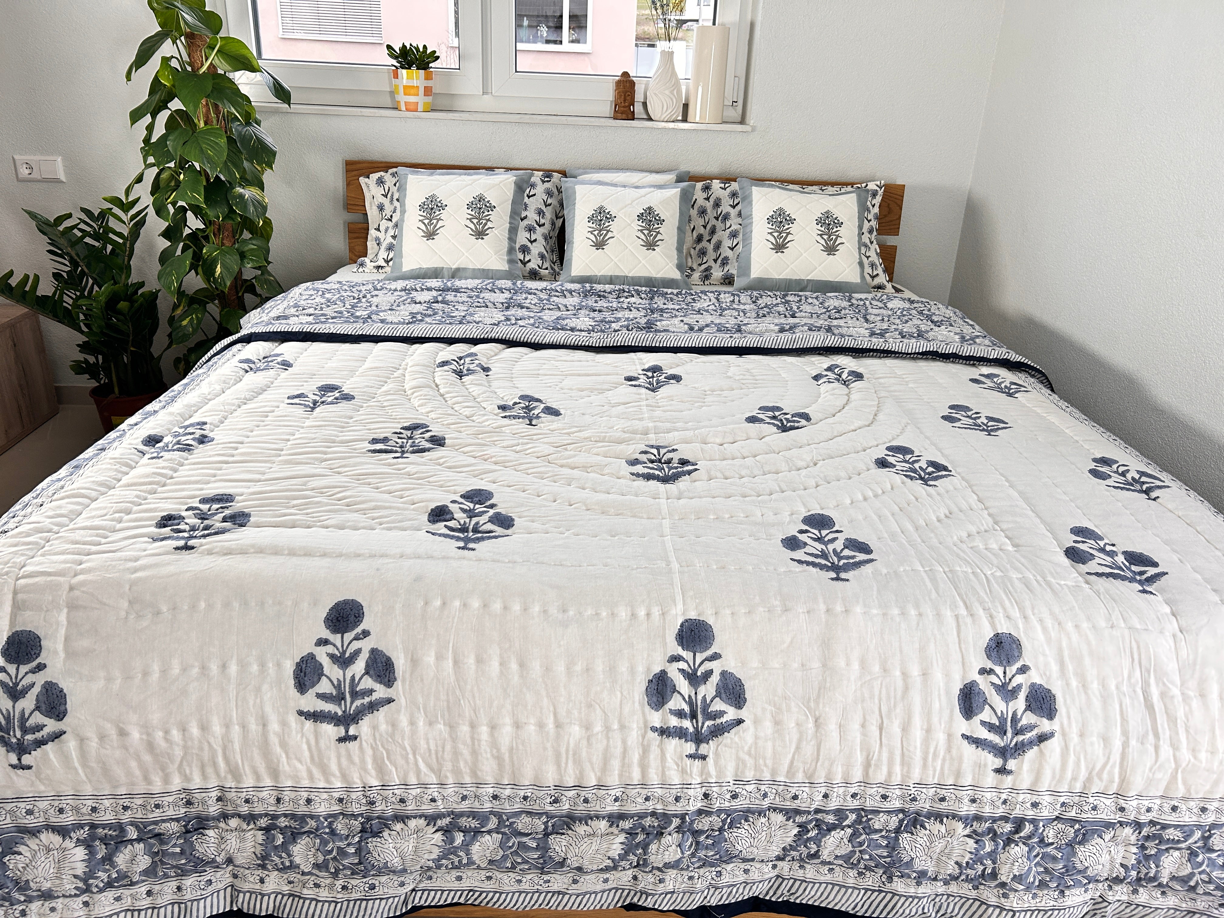 Hand Block Printed Reversible Quilt (Double Bed) – Grey Floral Bouquet
