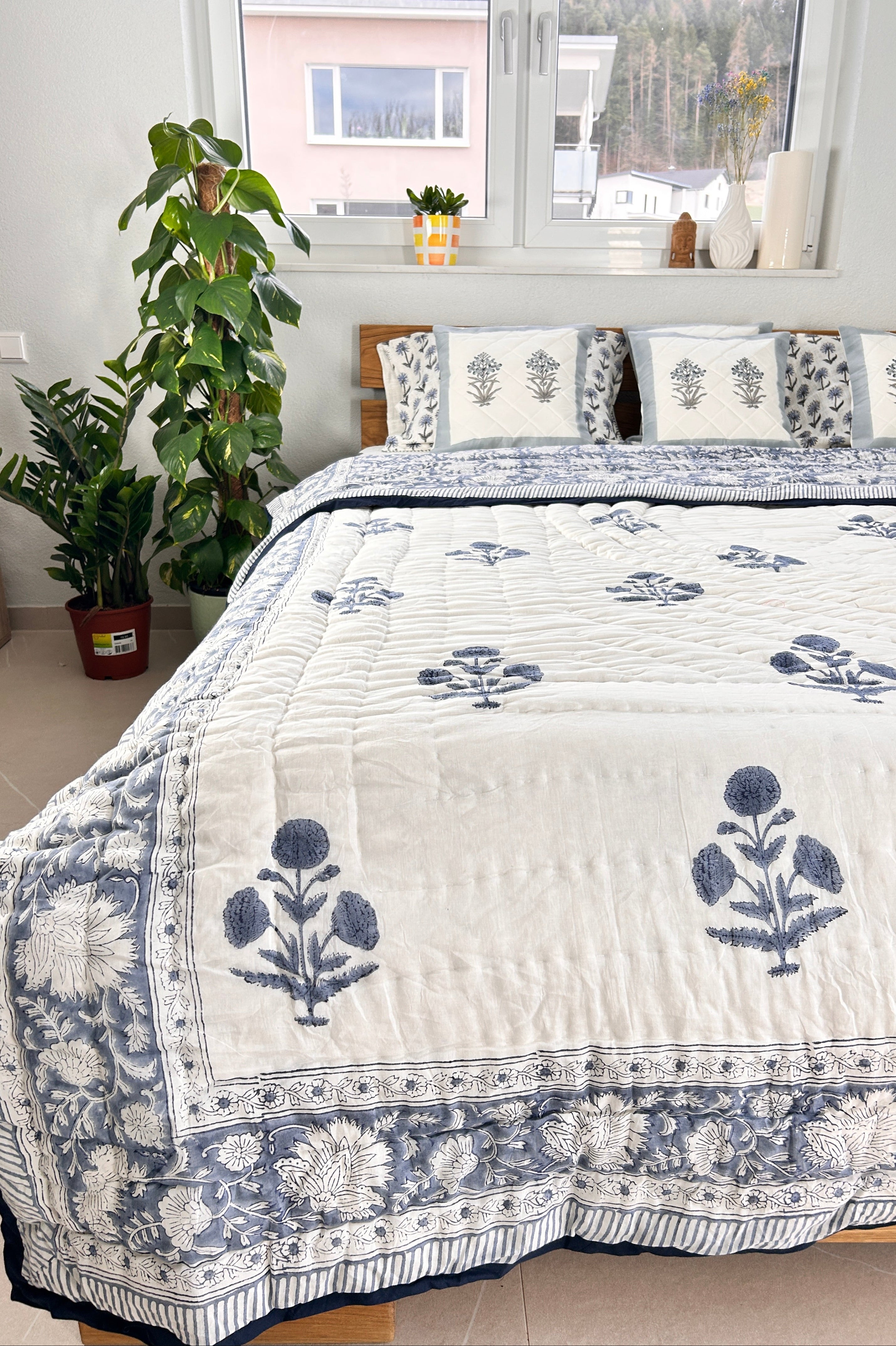 Hand Block Printed Reversible Quilt (Double Bed) – Grey Floral Bouquet