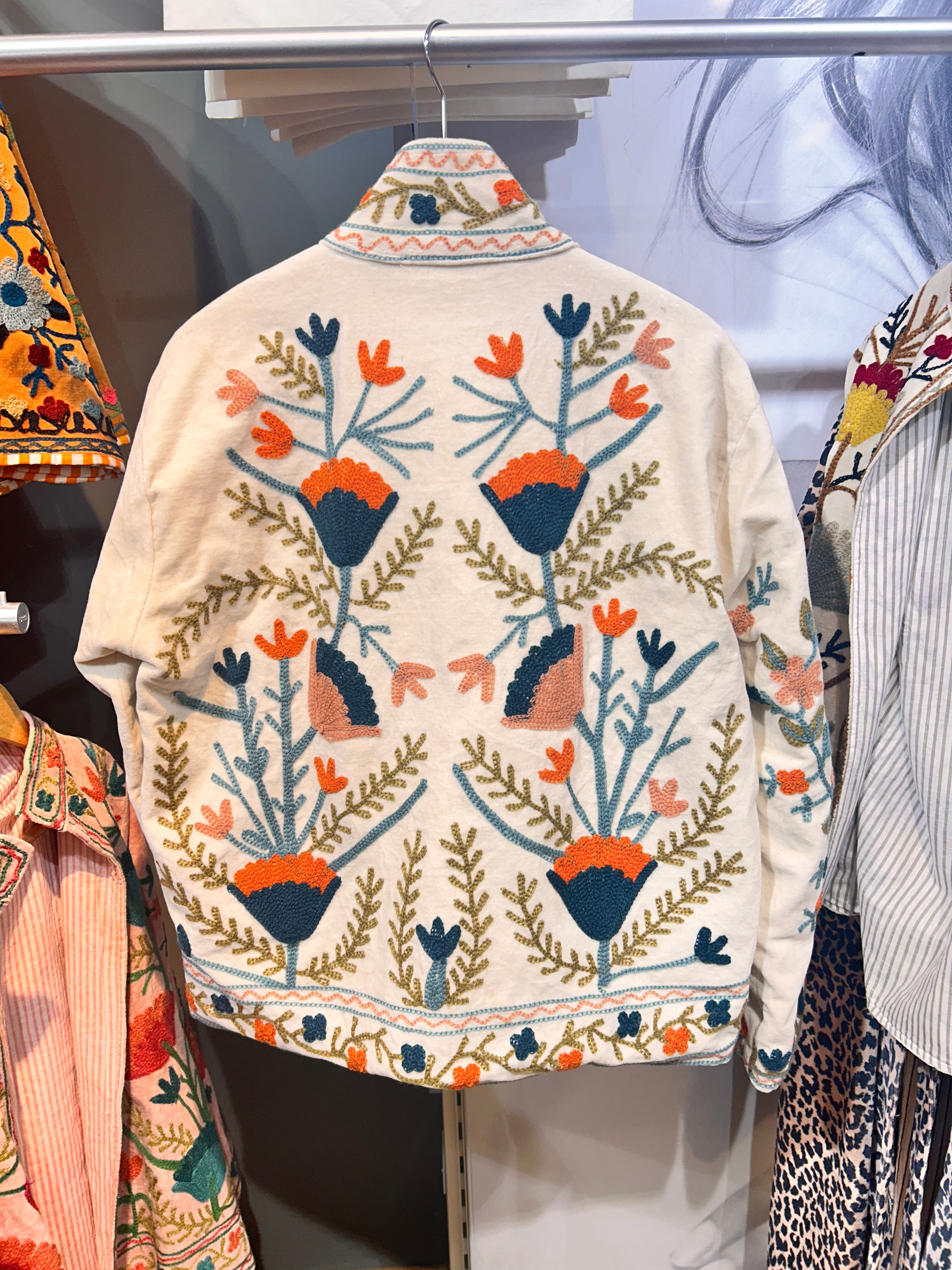 Teal & Orange Bloom Hand-Embroidered Velvet Suzani Jacket