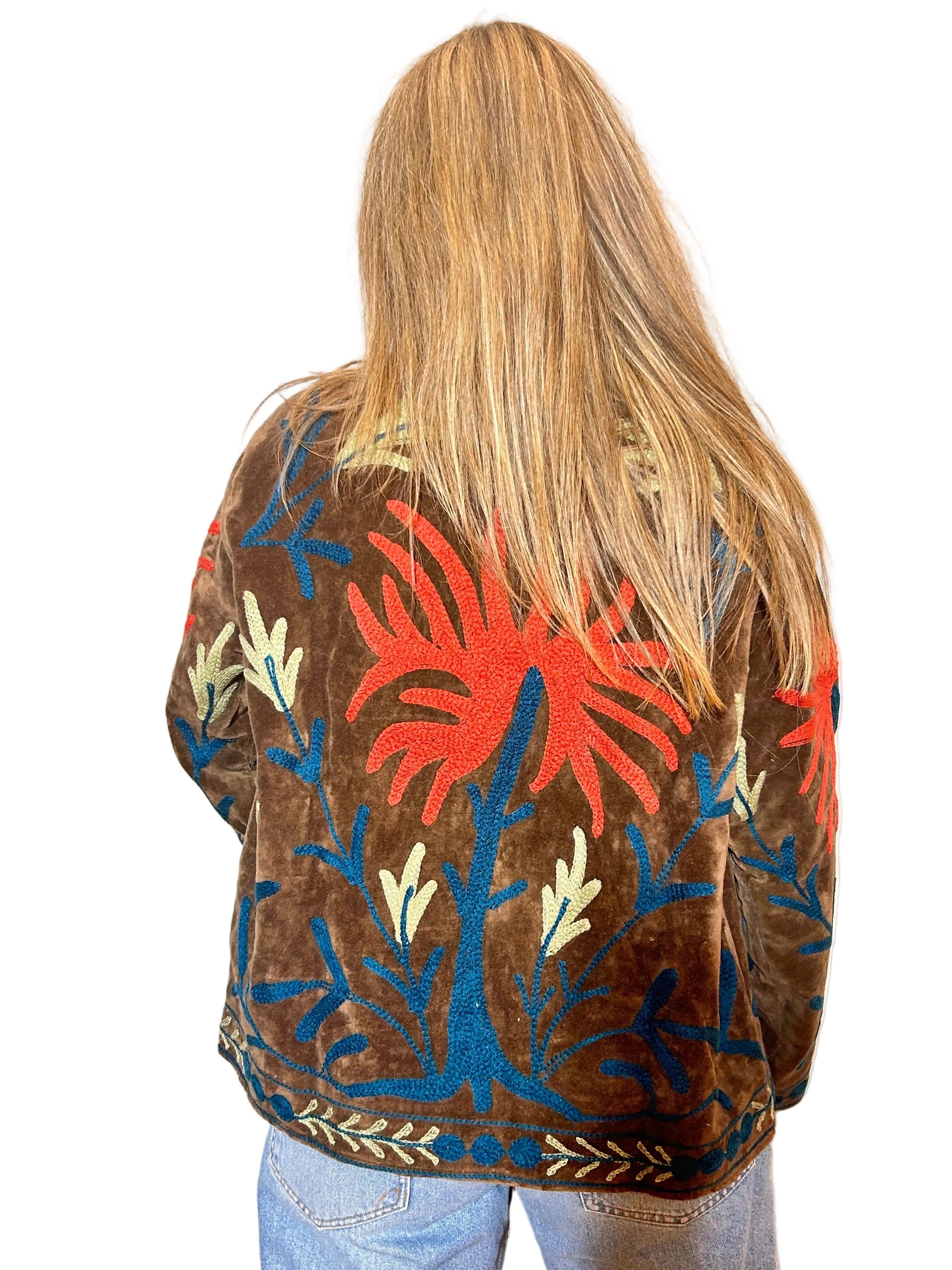 Türkisblaue folkloristische handbestickte Suzani-Jacke aus Samt