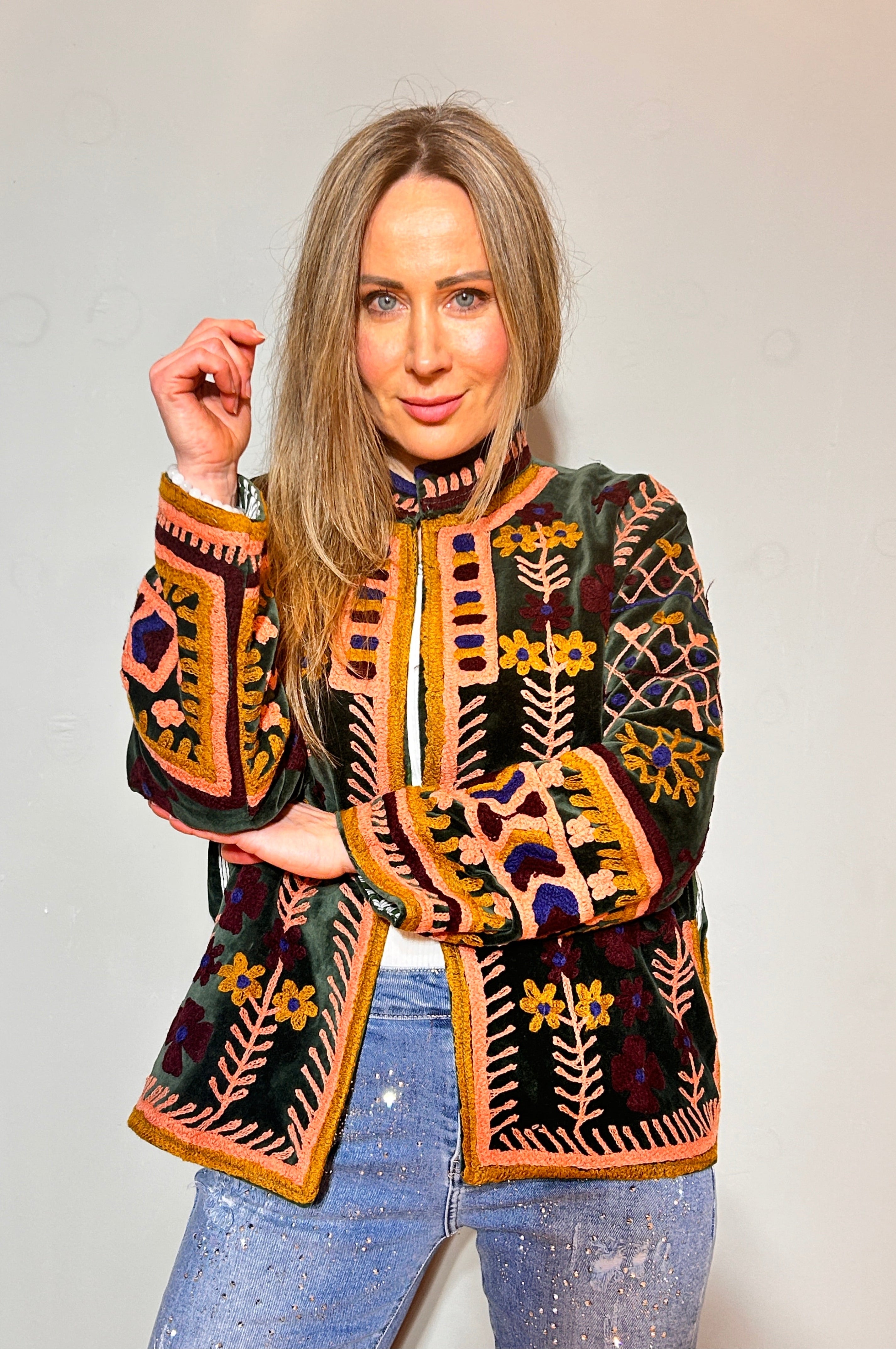 Suzani Hand-Embroidered Velvet Jacket – Forest Green & Gold Garden