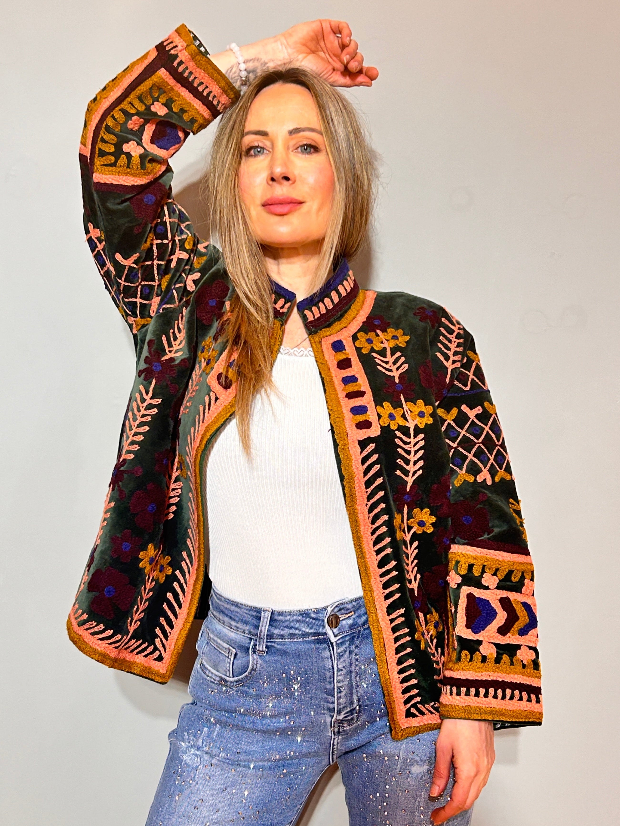 Suzani Hand-Embroidered Velvet Jacket – Forest Green & Gold Garden