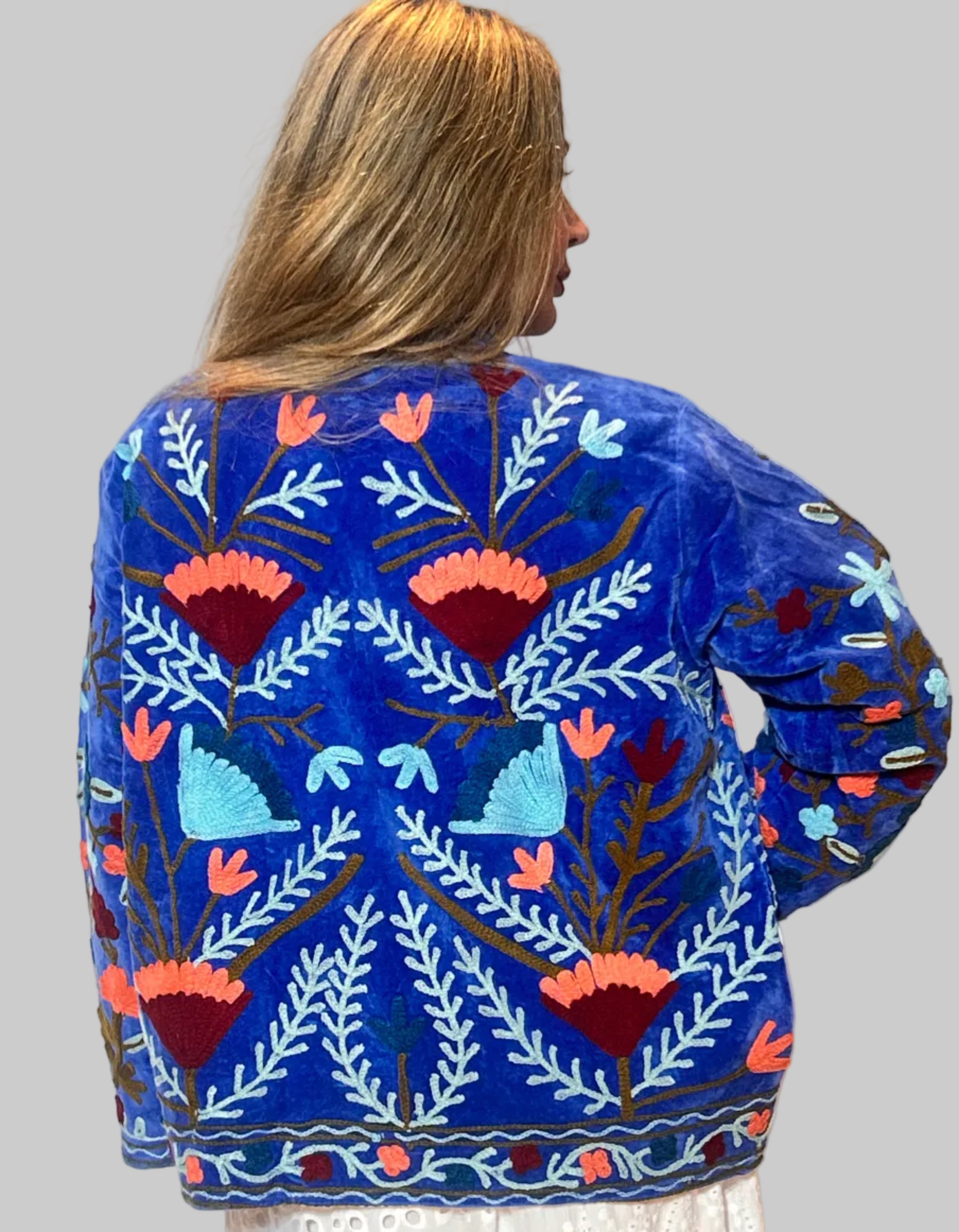 Suzani Hand-Embroidered Velvet Jacket – Cobalt Blue Garden