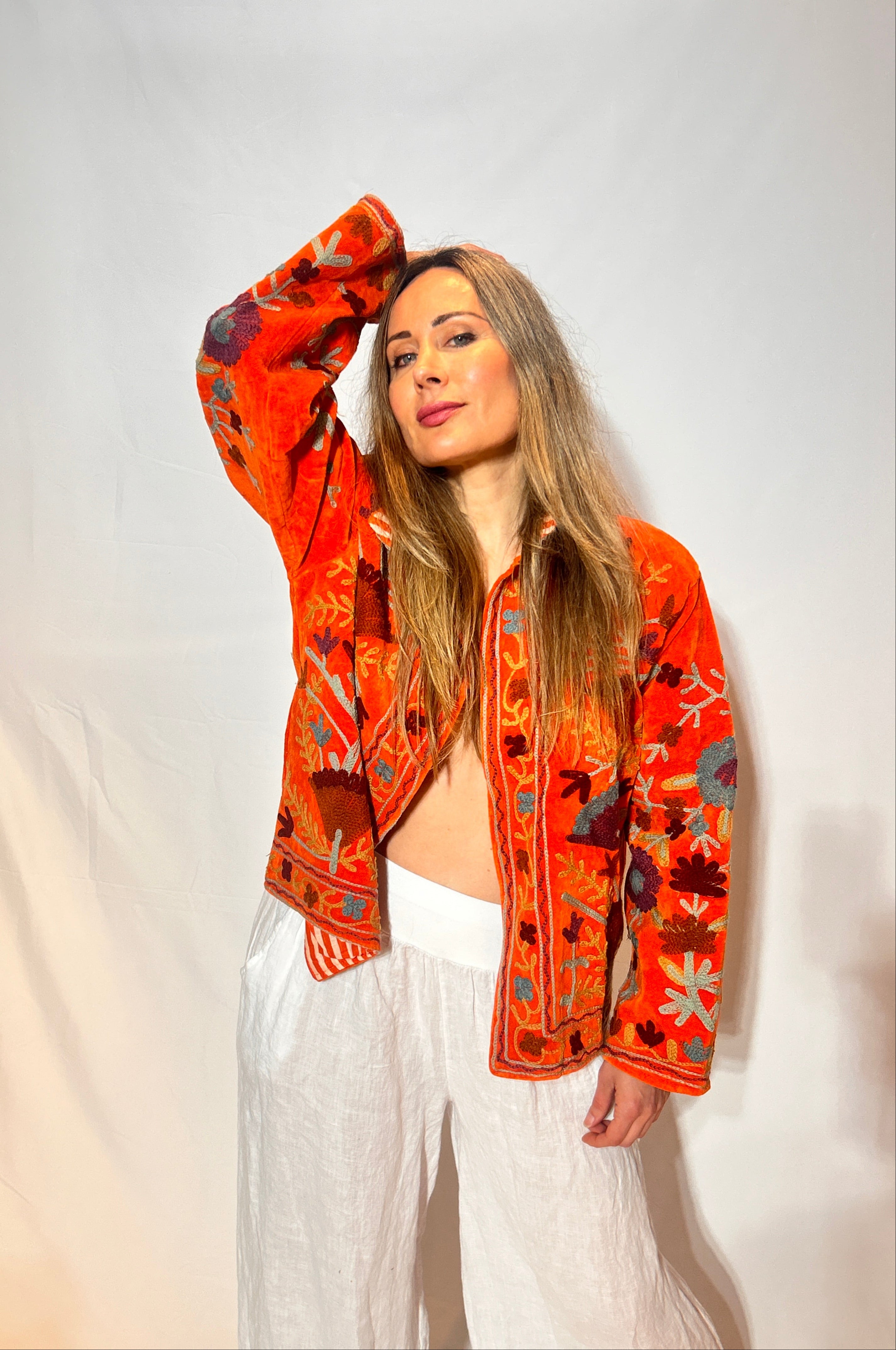 Suzani Hand-Embroidered Velvet Jacket – Tangerine Wild Garden