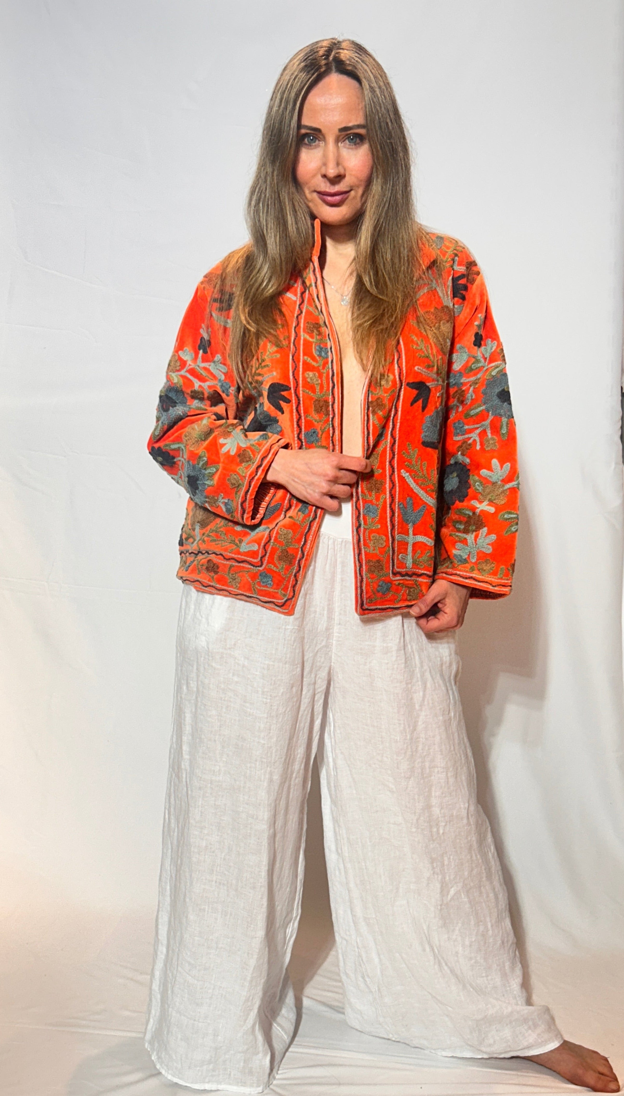 Suzani Hand-Embroidered Velvet Jacket – Tangerine Wild Garden