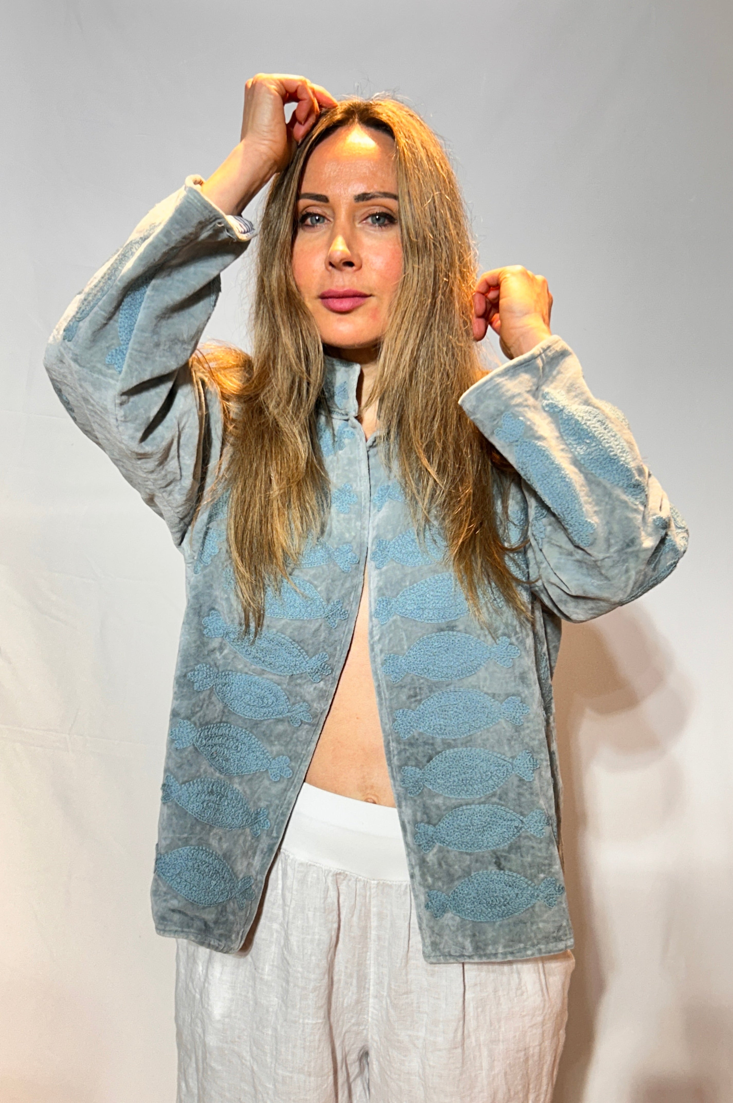 Suzani Hand-Embroidered Velvet Jacket – Powder Blue Paisley