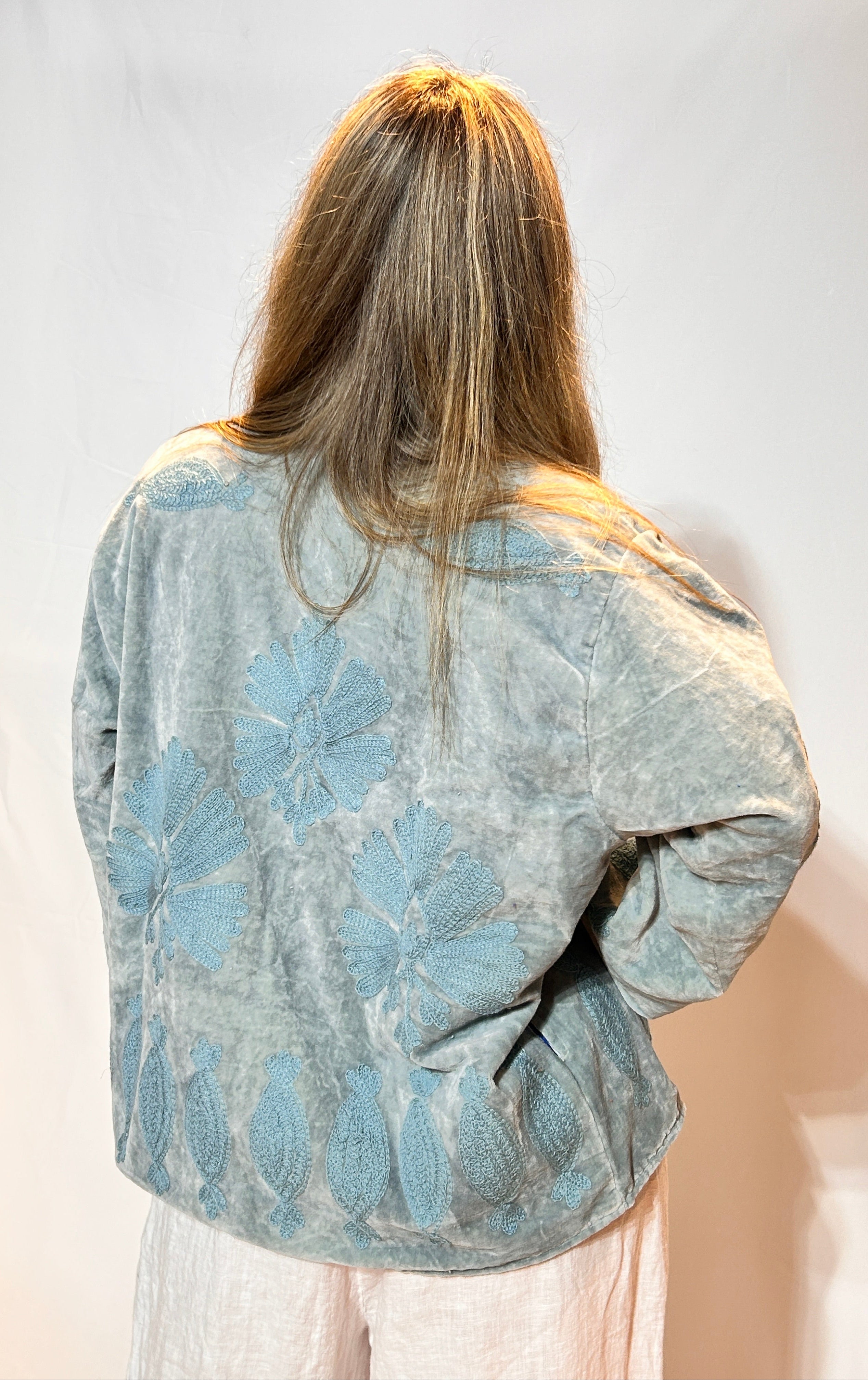 Suzani Hand-Embroidered Velvet Jacket – Powder Blue Paisley