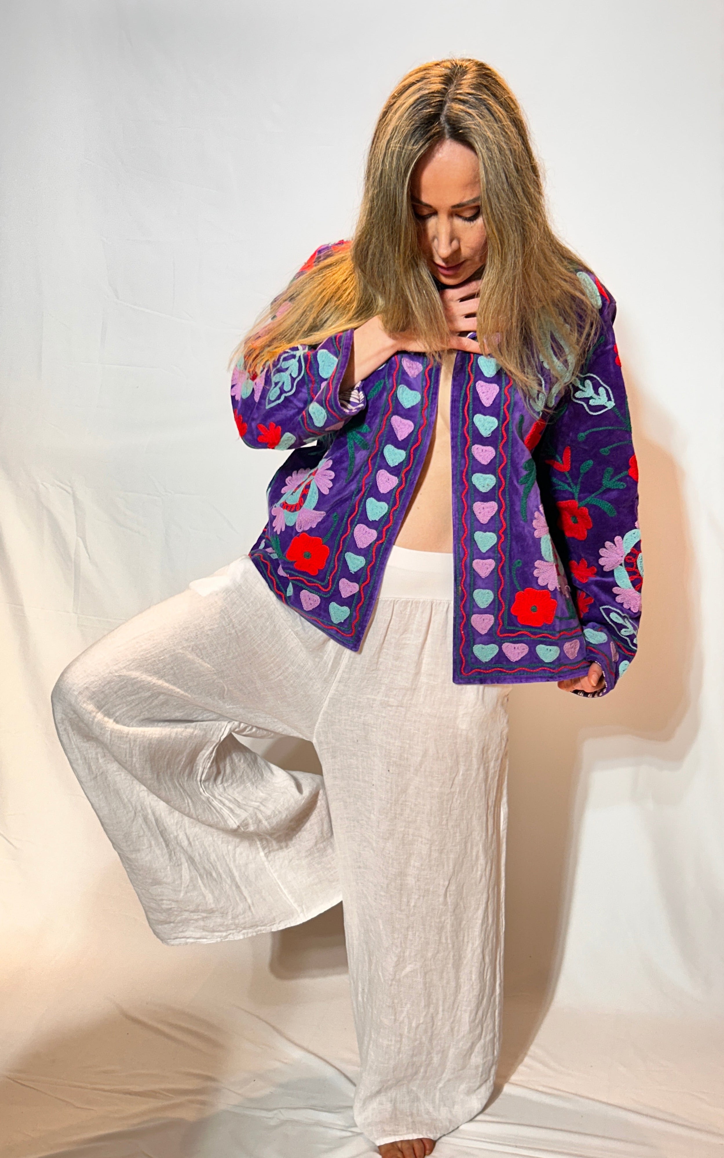 Suzani Hand-Embroidered Jacket – Royal Purple Heart & Poppy