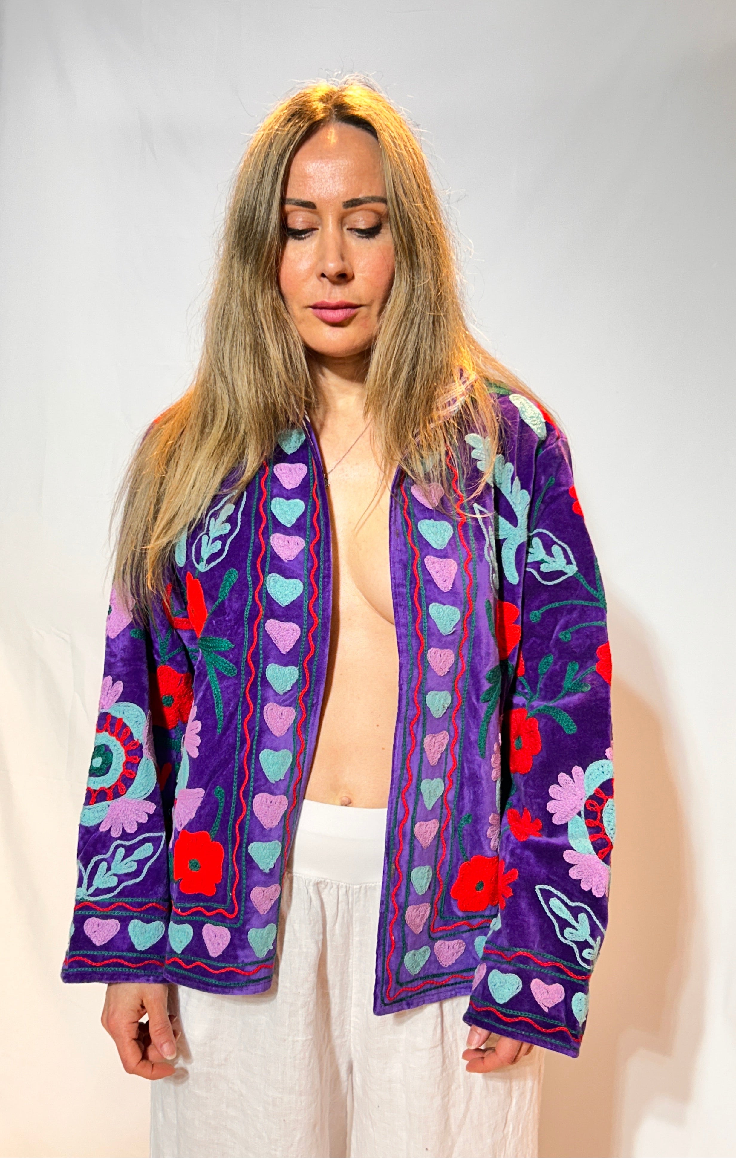 Suzani Hand-Embroidered Jacket – Royal Purple Heart & Poppy