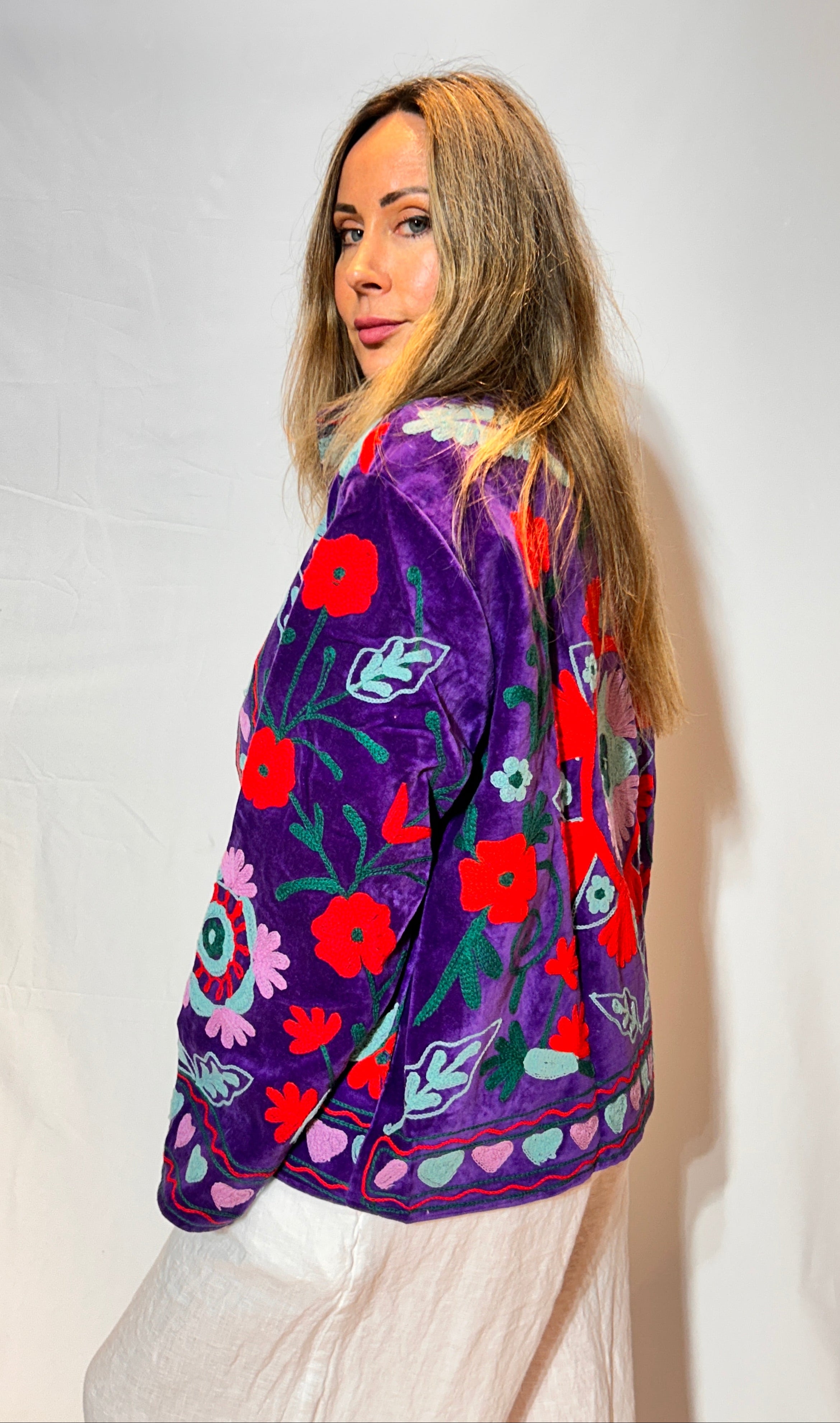 Suzani Hand-Embroidered Jacket – Royal Purple Heart & Poppy