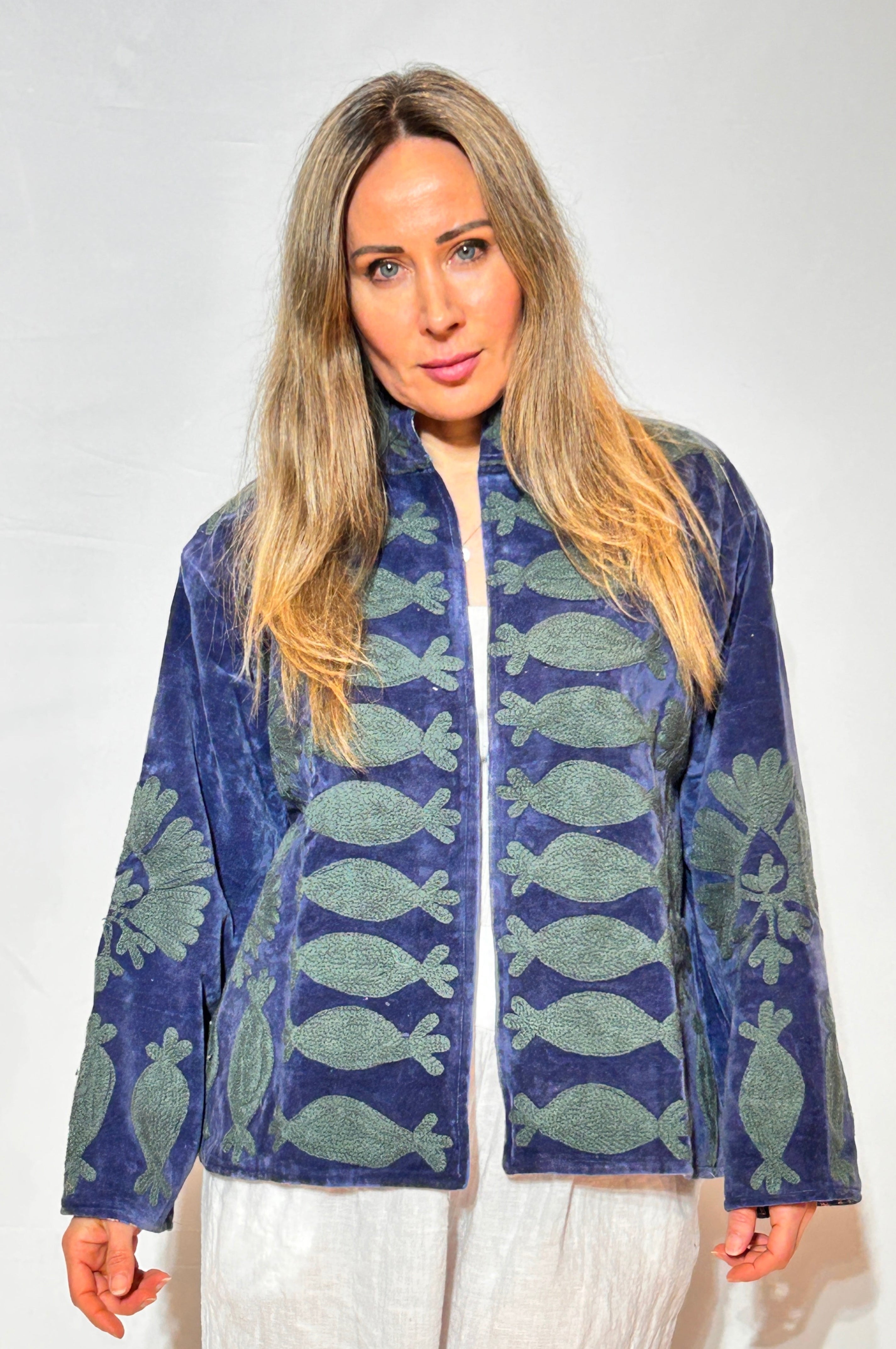 Suzani Velvet Jacket – Denim Blue Fish