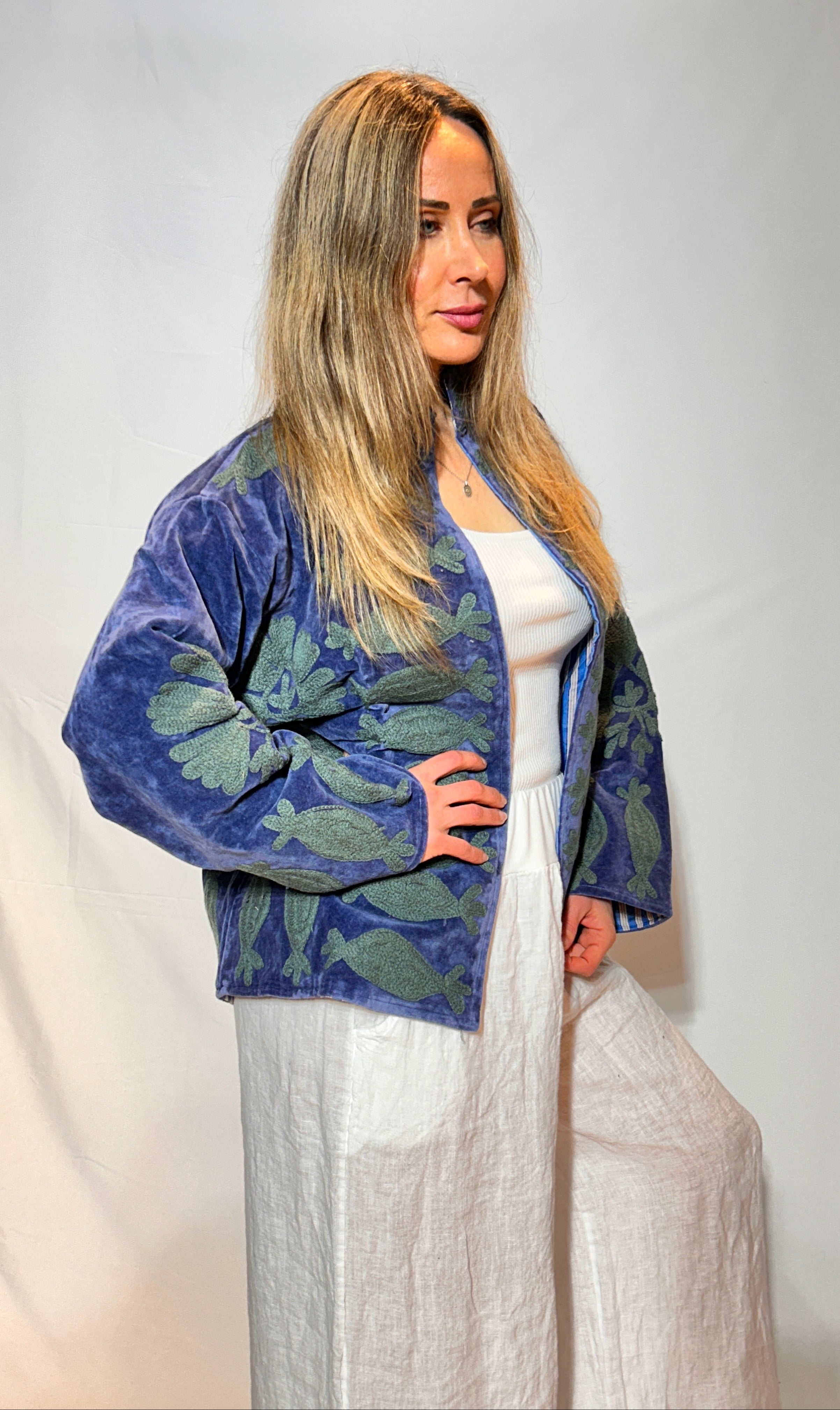 Suzani Velvet Jacket – Denim Blue Fish