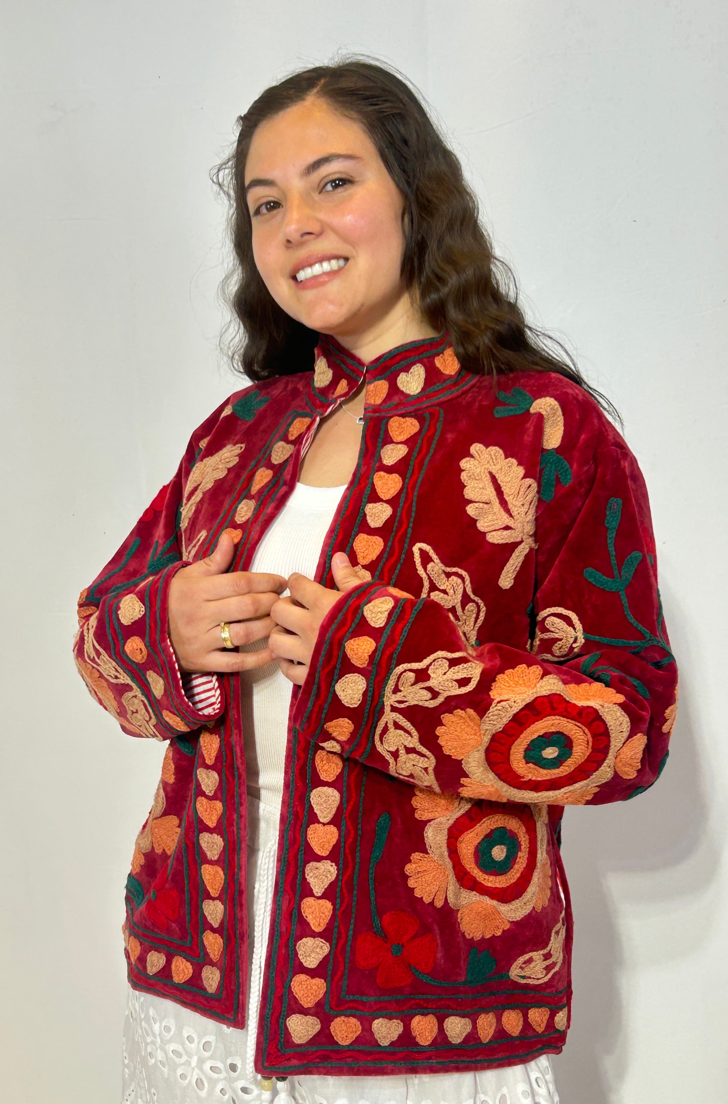 Suzani Hand-Embroidered Velvet Jacket – Crimson Poppy & Heart
