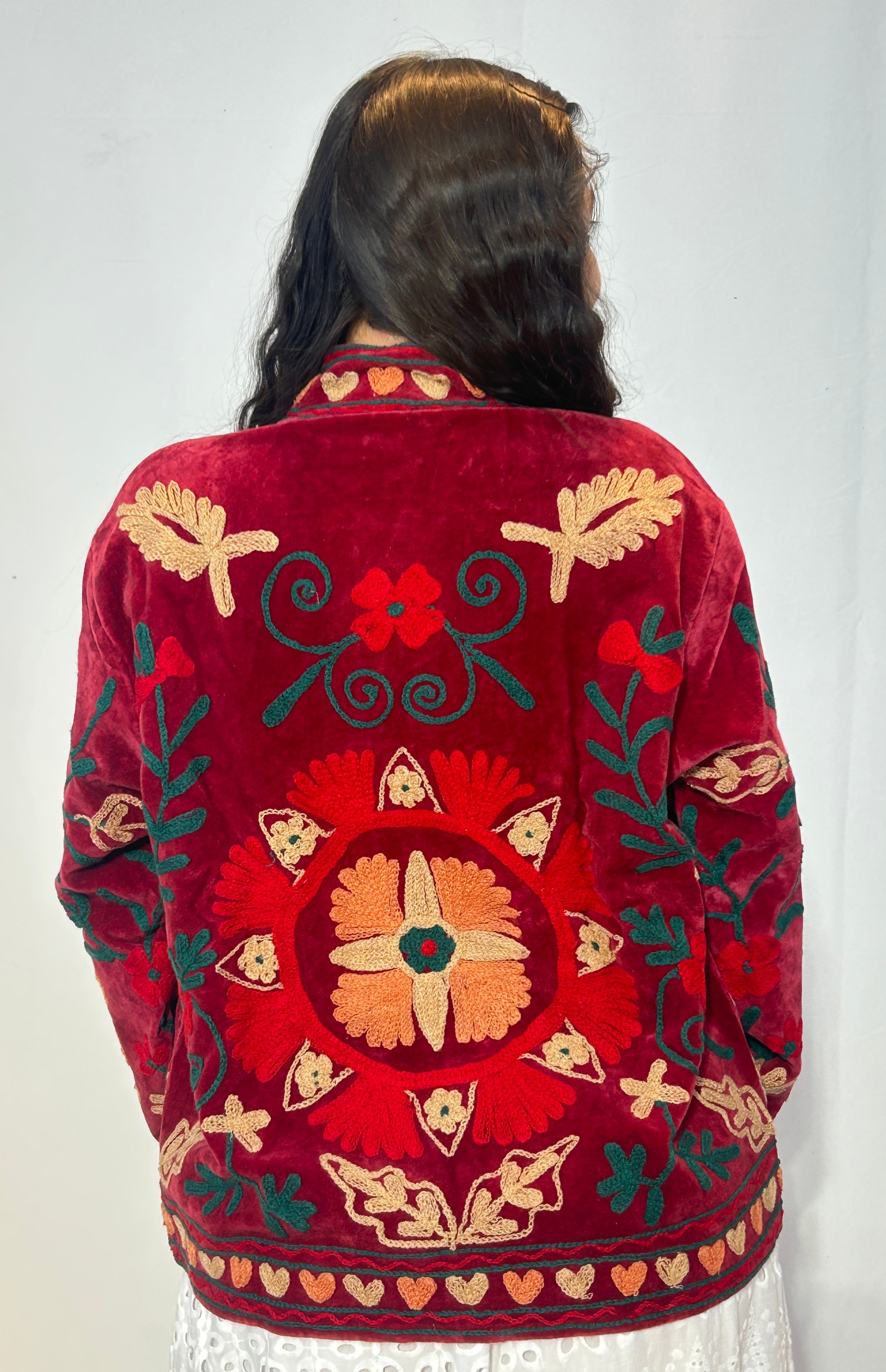 Suzani Hand-Embroidered Velvet Jacket – Crimson Poppy & Heart
