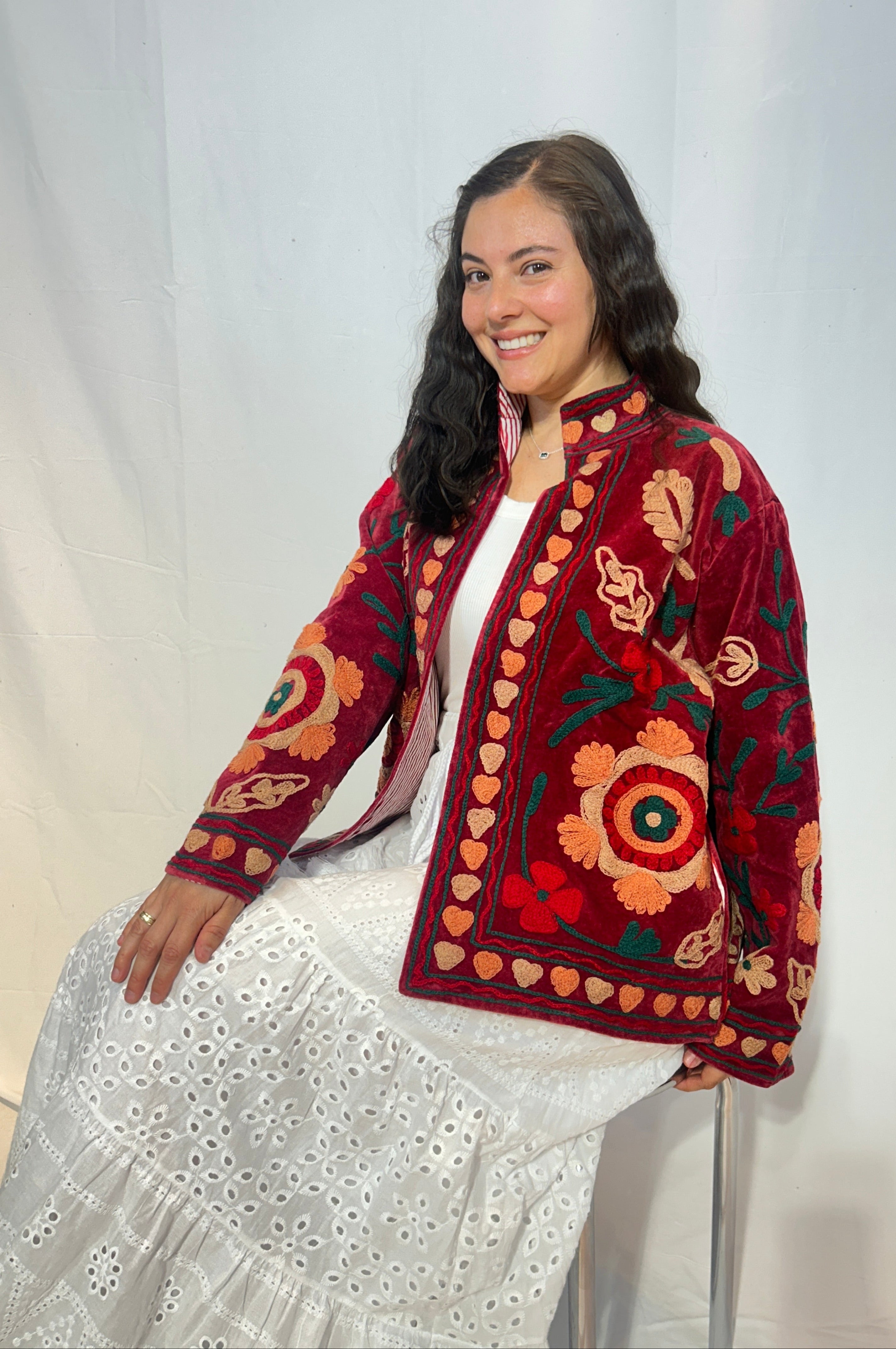 Suzani Hand-Embroidered Velvet Jacket – Crimson Poppy & Heart