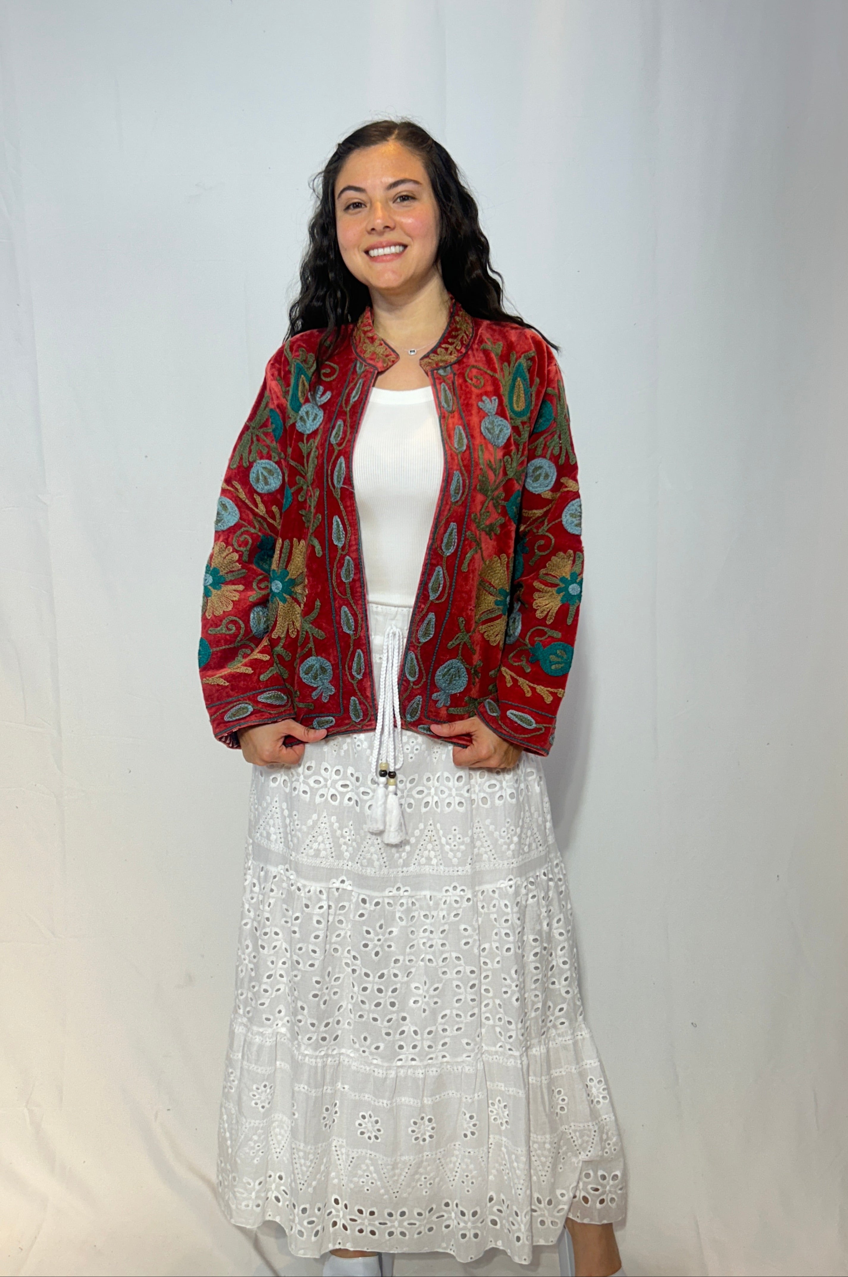 Suzani Hand-Embroidered Velvet Jacket – Crimson Tulip & Teal