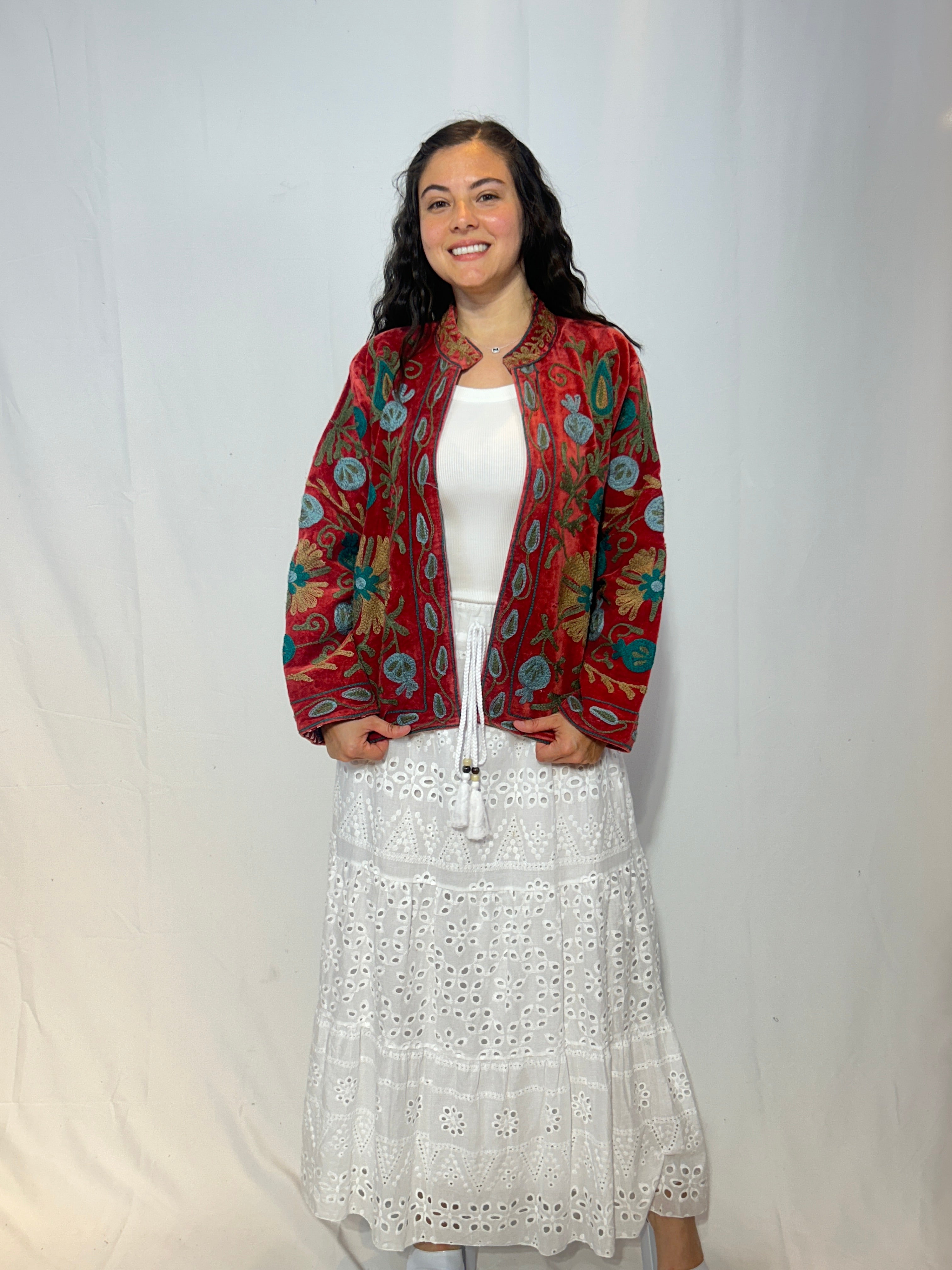 Suzani Hand-Embroidered Velvet Jacket – Crimson Tulip & Teal