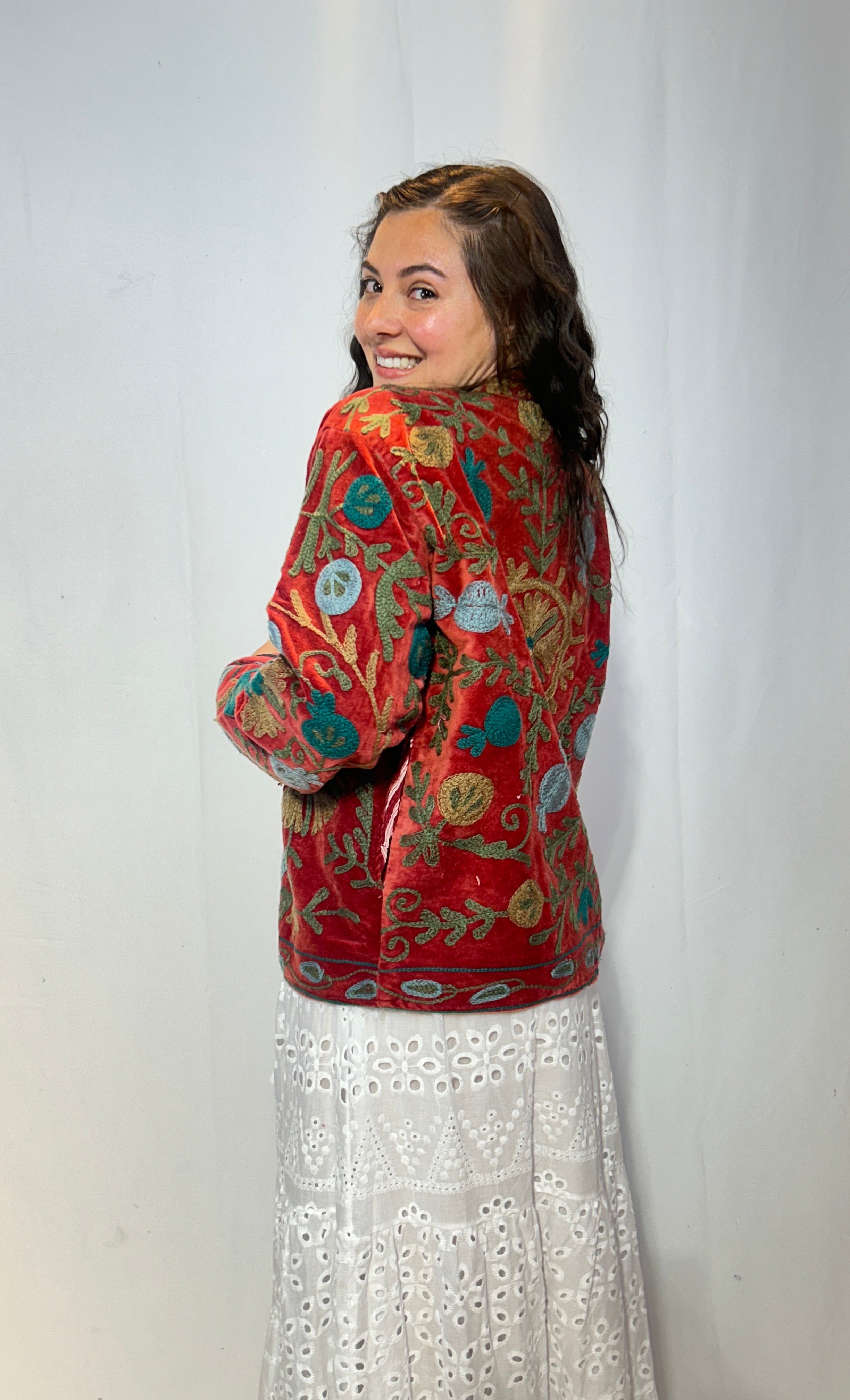 Suzani Hand-Embroidered Velvet Jacket – Crimson Tulip & Teal