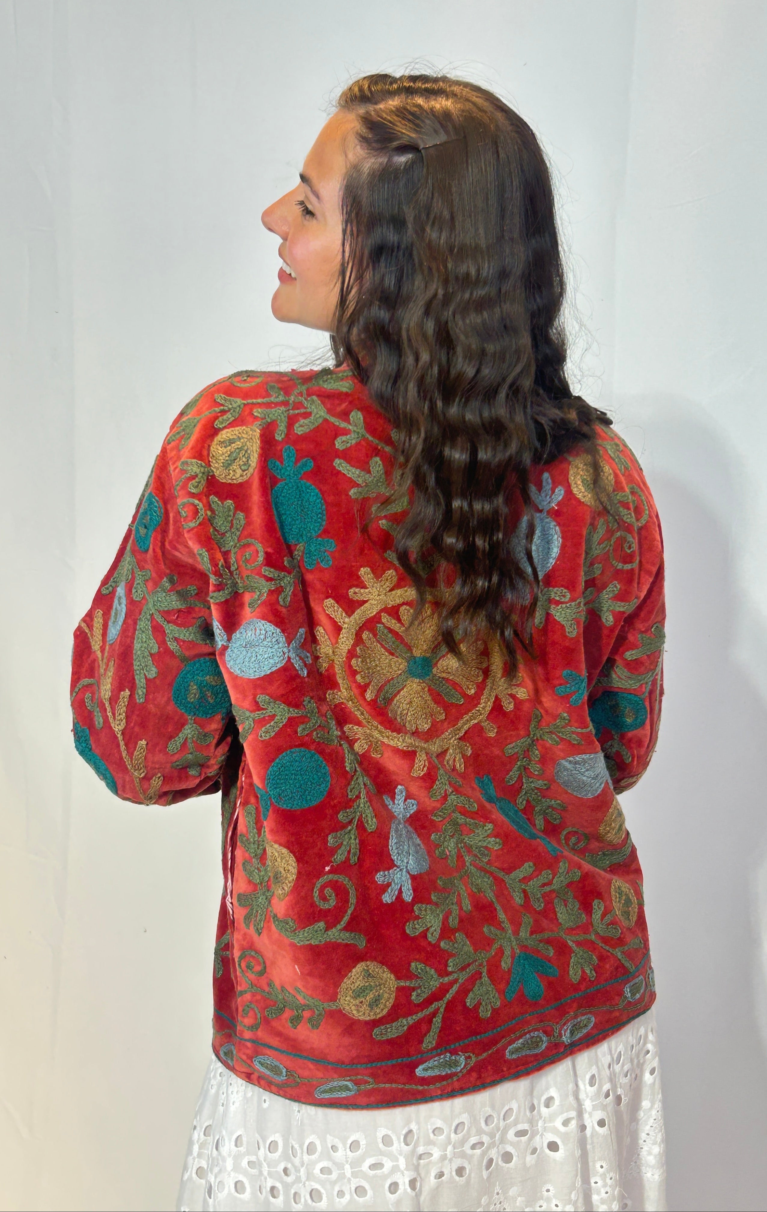 Suzani Hand-Embroidered Velvet Jacket – Crimson Tulip & Teal
