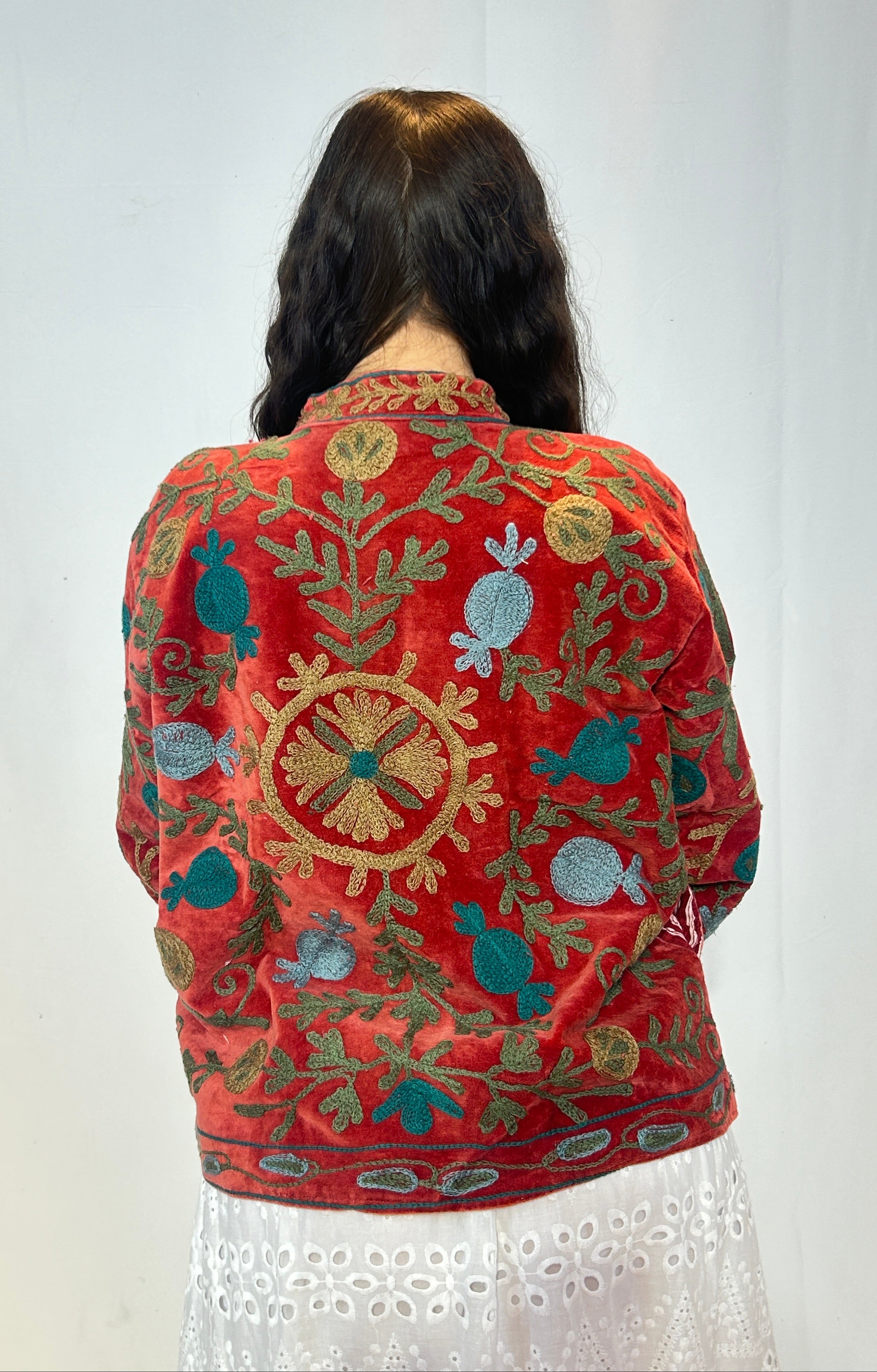 Suzani Hand-Embroidered Velvet Jacket – Crimson Tulip & Teal