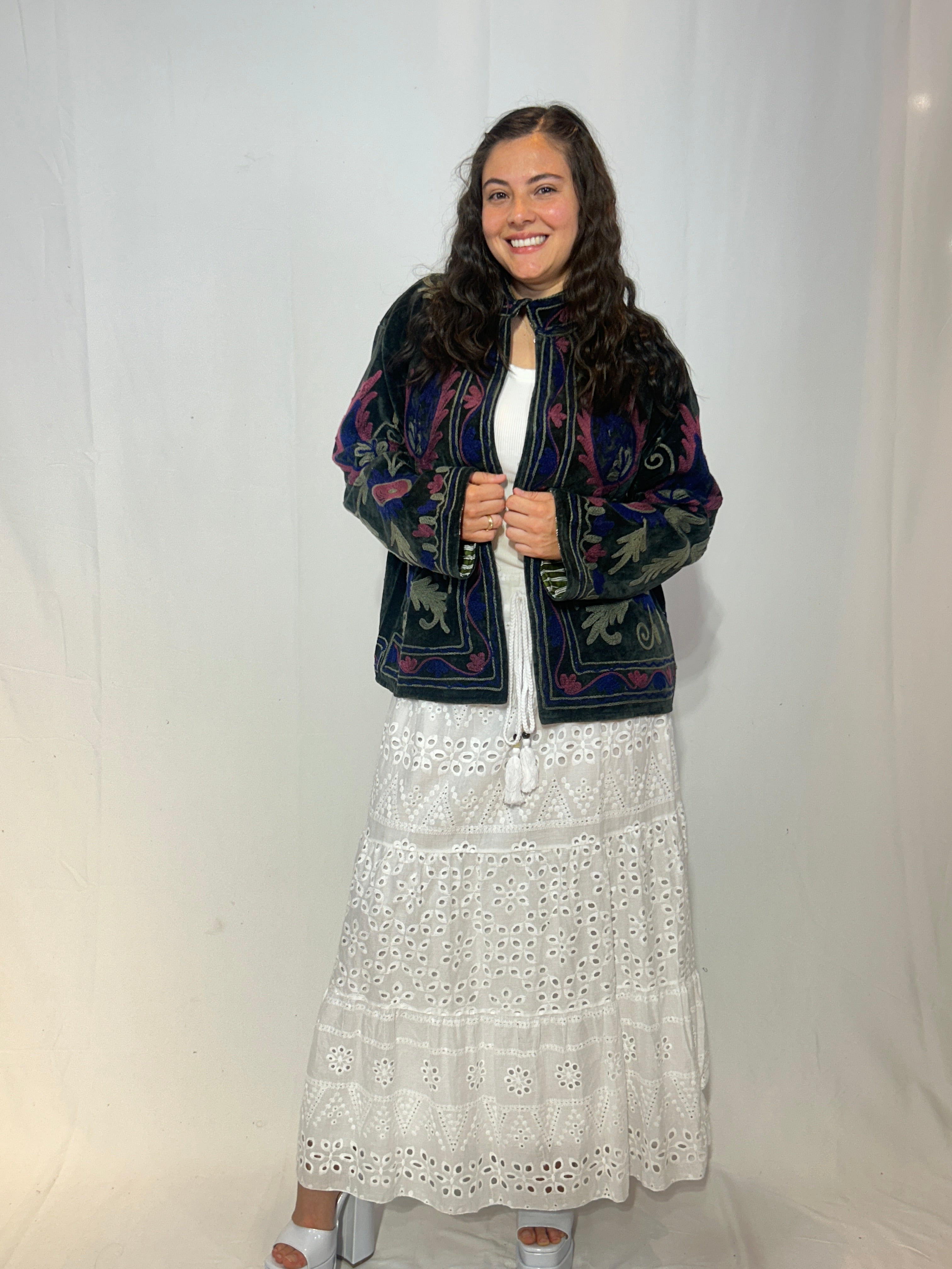 Suzani Hand-Embroidered Velvet Jacket – Forest Green & Pink Bloom