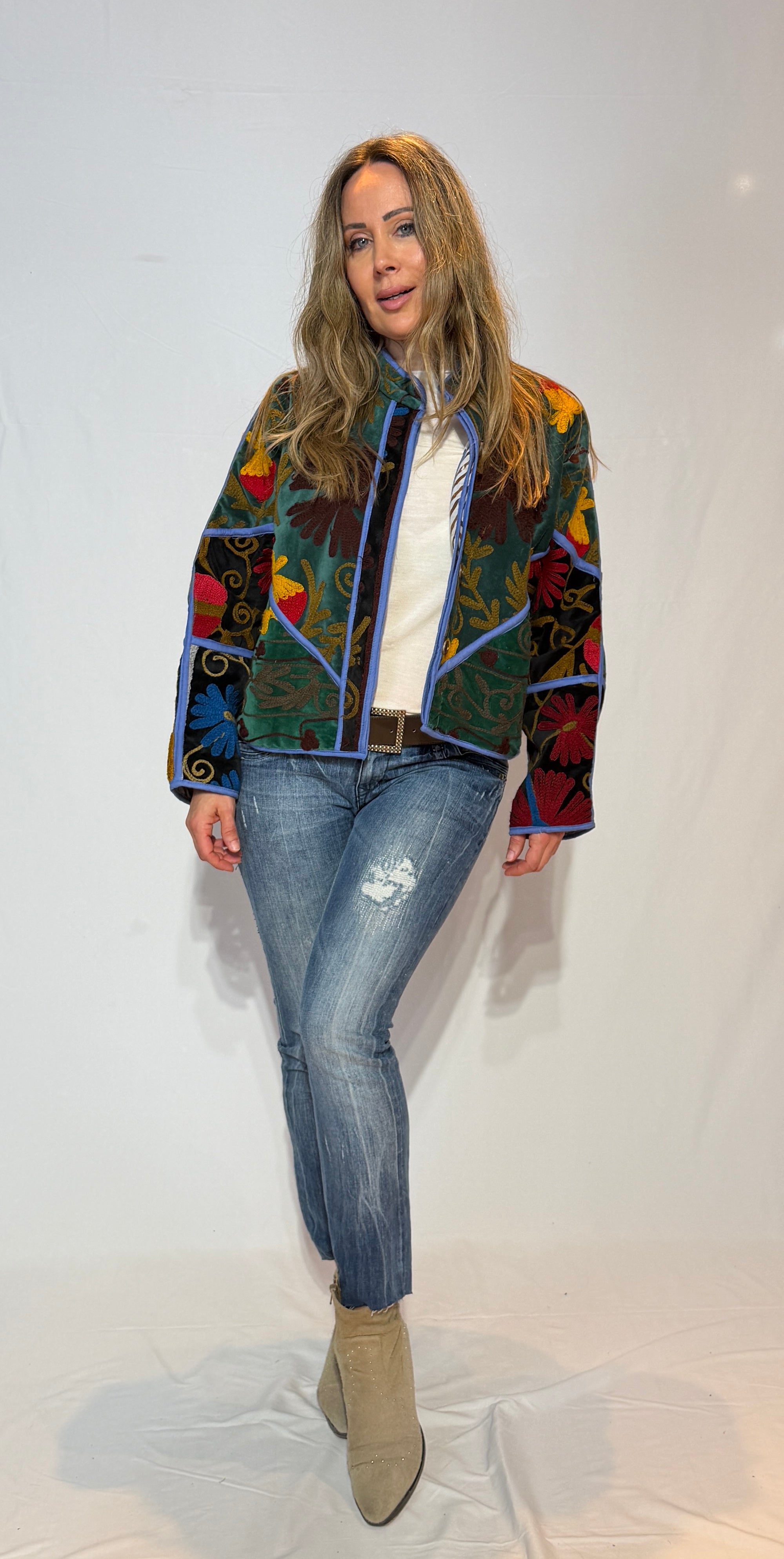 Suzani Hand-Embroidered Velvet Jacket – Teal Garden & Blue Bloom