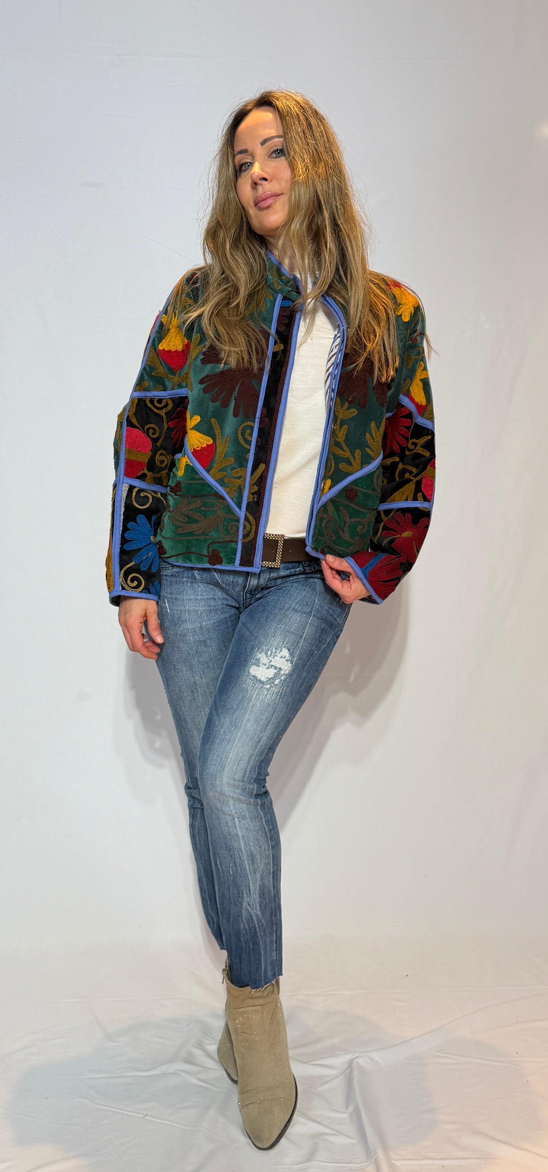 Suzani Hand-Embroidered Velvet Jacket – Teal Garden & Blue Bloom