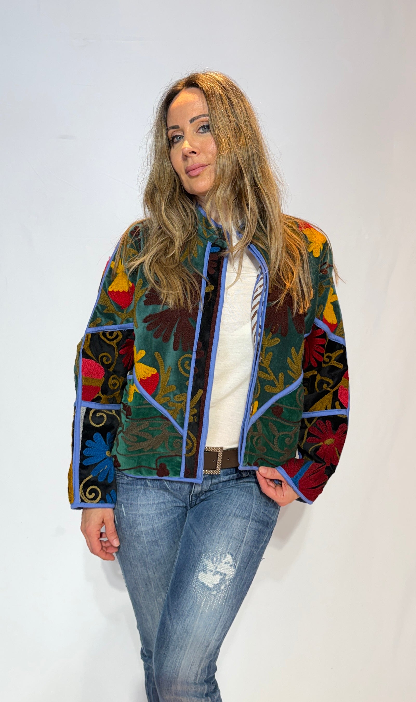 Suzani Hand-Embroidered Velvet Jacket – Teal Garden & Blue Bloom